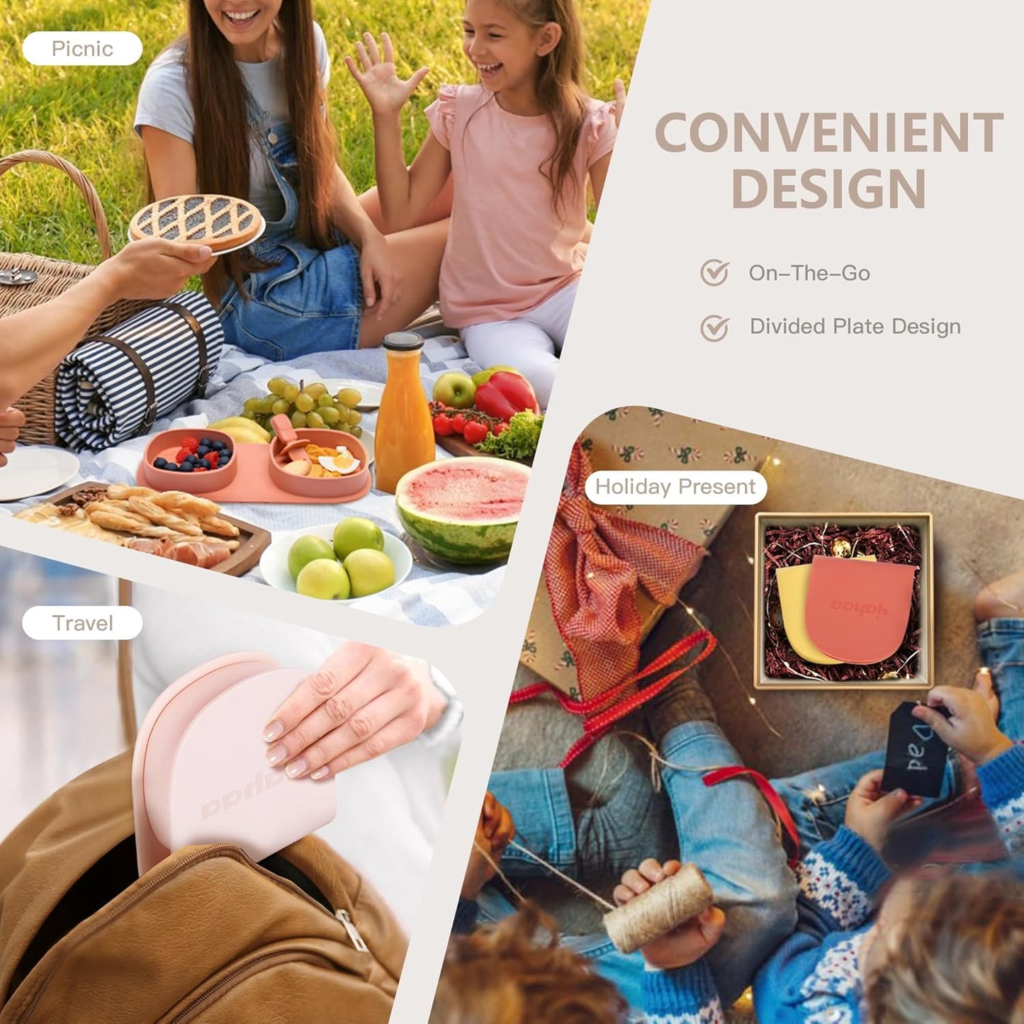 Silicone Foldable Novelty Dinner Plates,Baby Plates Travel Essential with Forks and Spoons,Microwave & Dishwasher Safe,Sage