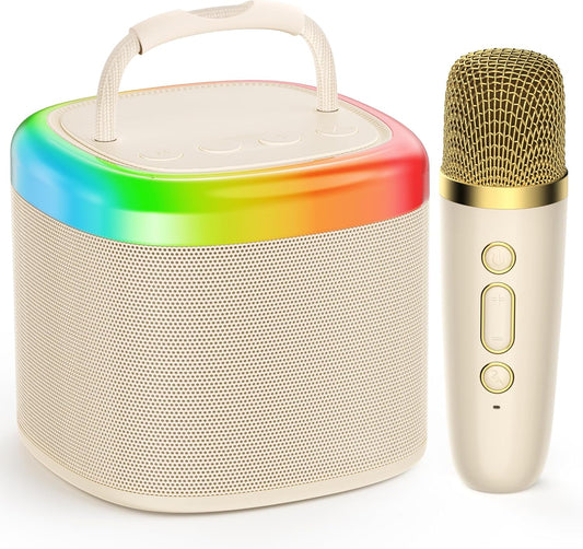 JYX Mini Karaoke Machine for Kids - Beige Bluetooth Speaker with Party Lights and 1 Wireless Microphone, Great for Kids and Adults, Ideal for Family Home Parties and Birthday