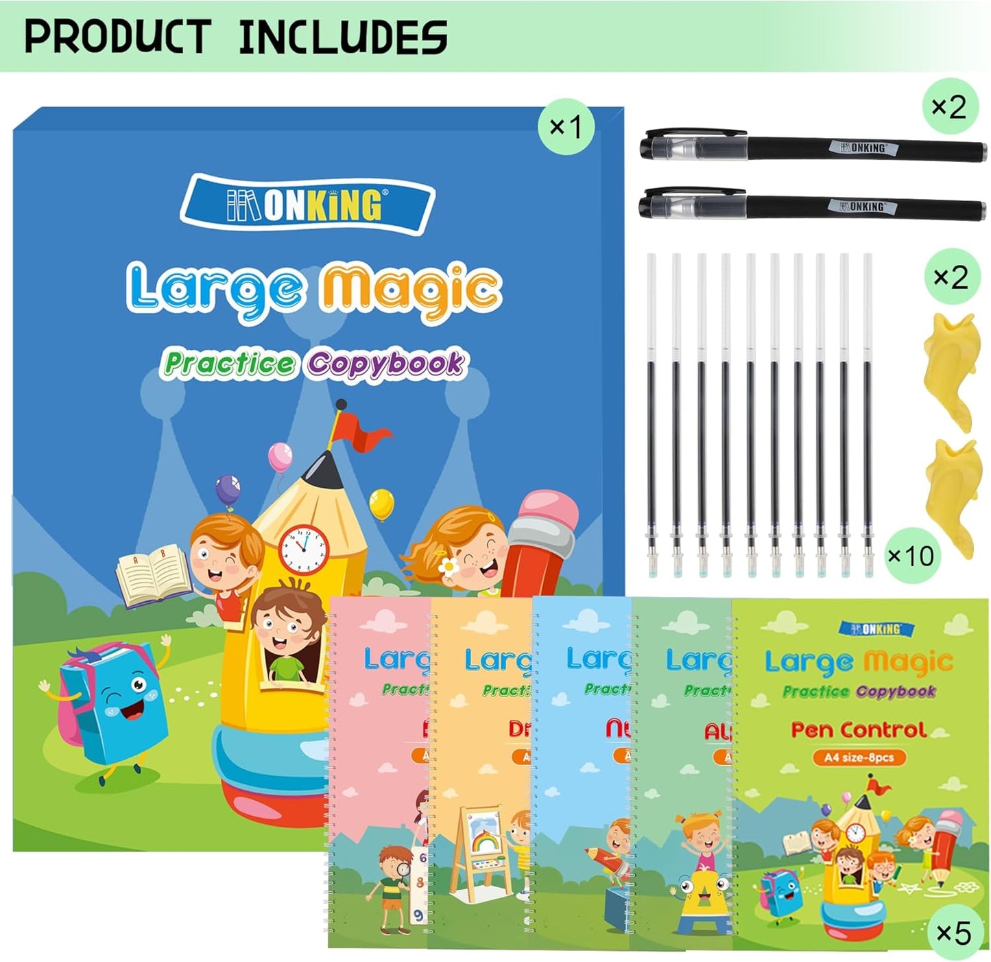 Monking Large Magic Practice Copybook for Kids,Handwriting Grooved Practice Book 5 Pack with Pen Refill English Cursive Calligraphy Reusable Age 3-8