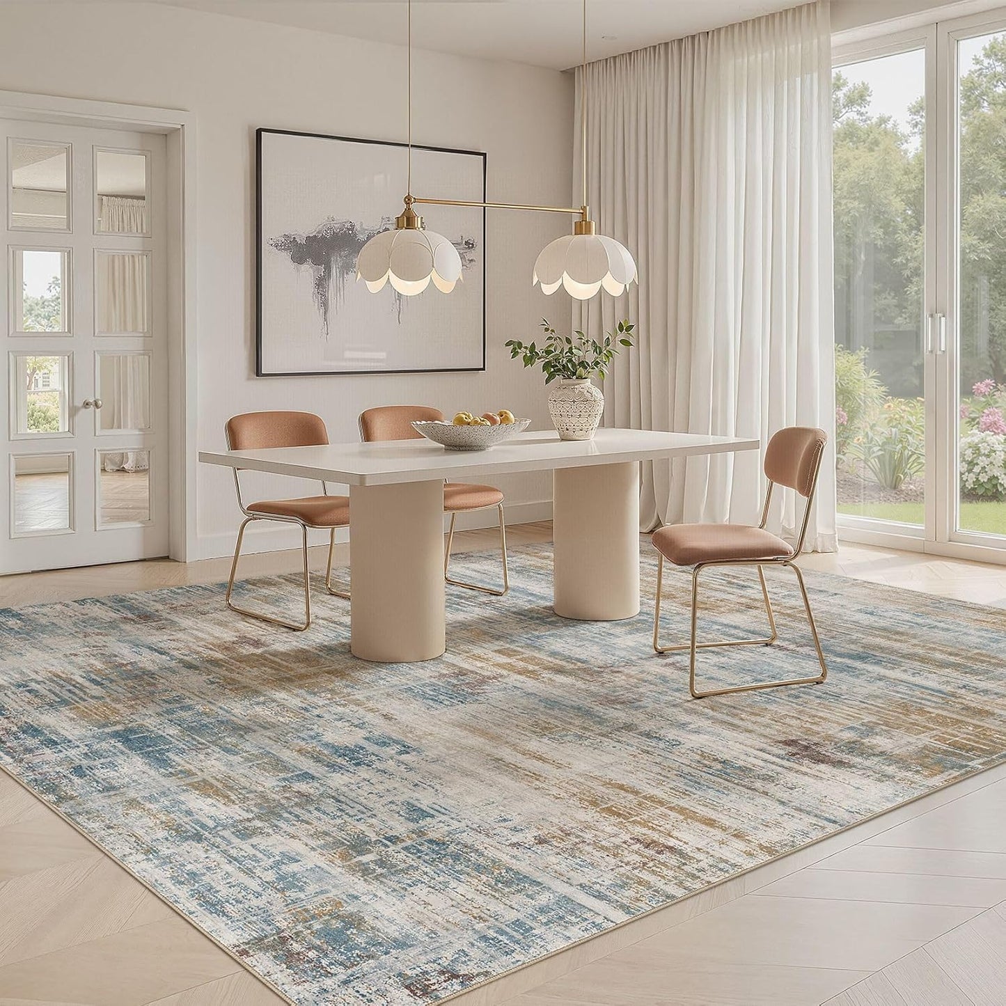 Area Rug for Living Room: 7x9 Washable Neutral Abstract Modern Soft Rugs Non Slip Indoor Floor Stain Resistant Large Carpet for Bedroom Dining Room Office Nursery - Blue Brown