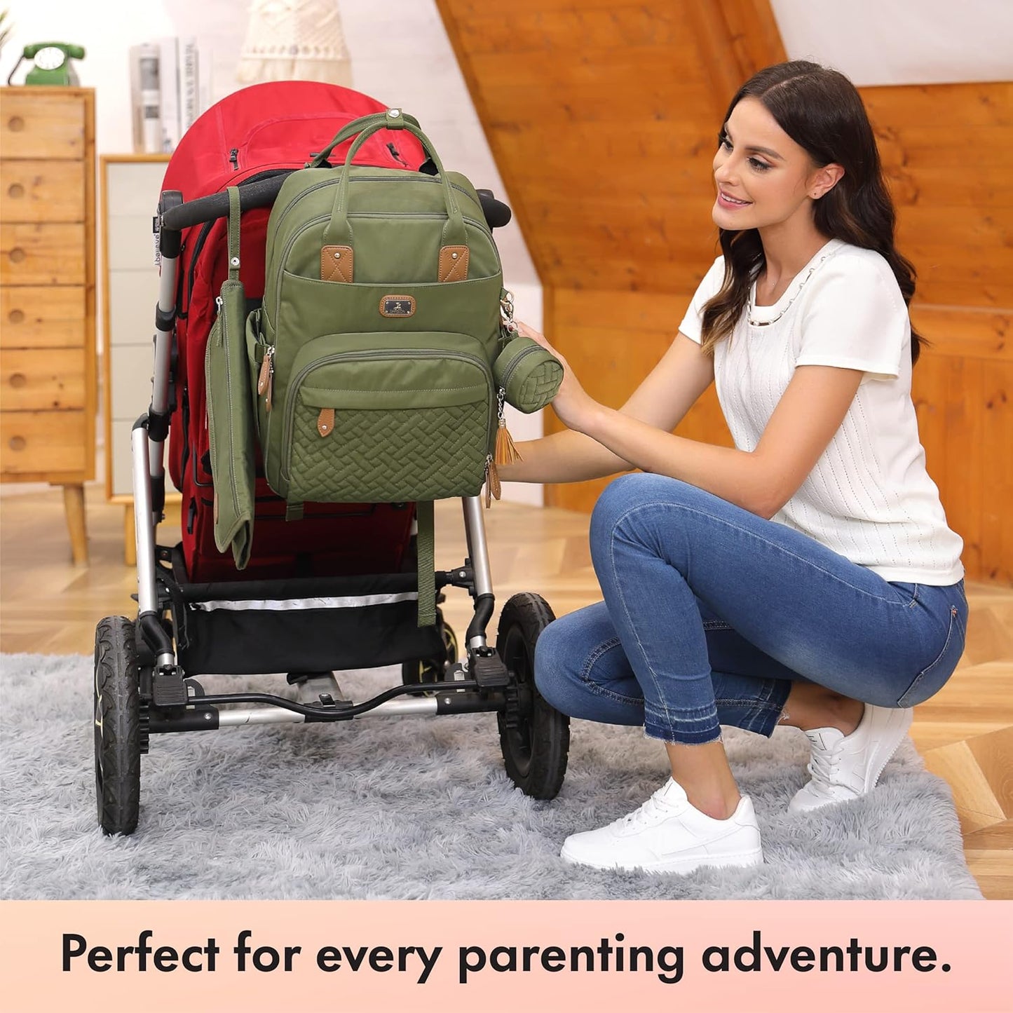 Dikaslon Diaper Bag Backpack with Portable Changing Pad, Pacifier Case and Stroller Straps, Large Unisex Baby Bags for Boys Girls, Multipurpose Travel Back Pack Moms Dads, Green