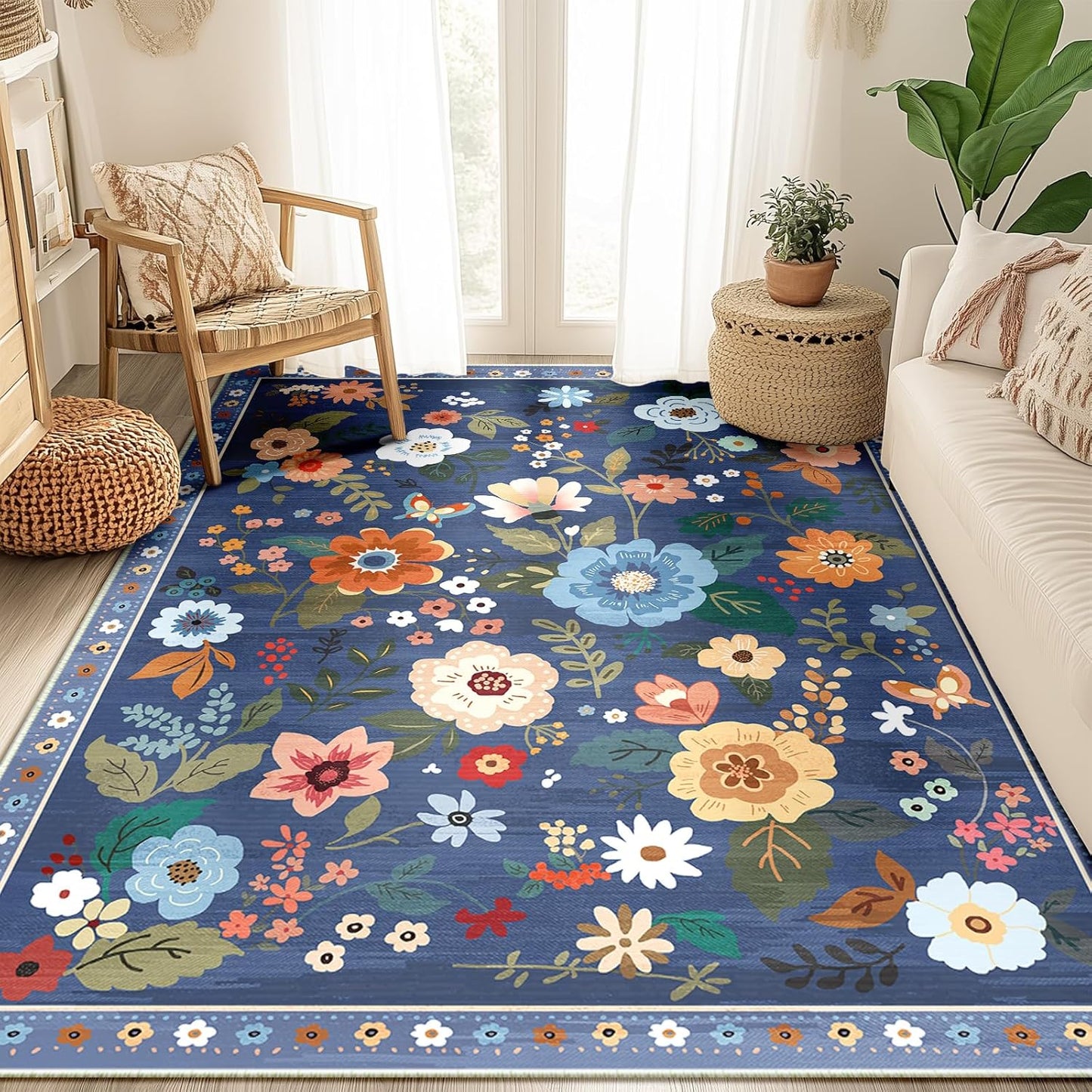 Floral 3x5 Area Rug Machine Washable Soft Print Boho Carpet Non Slip Doormat Low Pile Flower Area Rugs for Living Room Bedroom Nursery Kitchen Dining Room Indoor-Blue/Grey