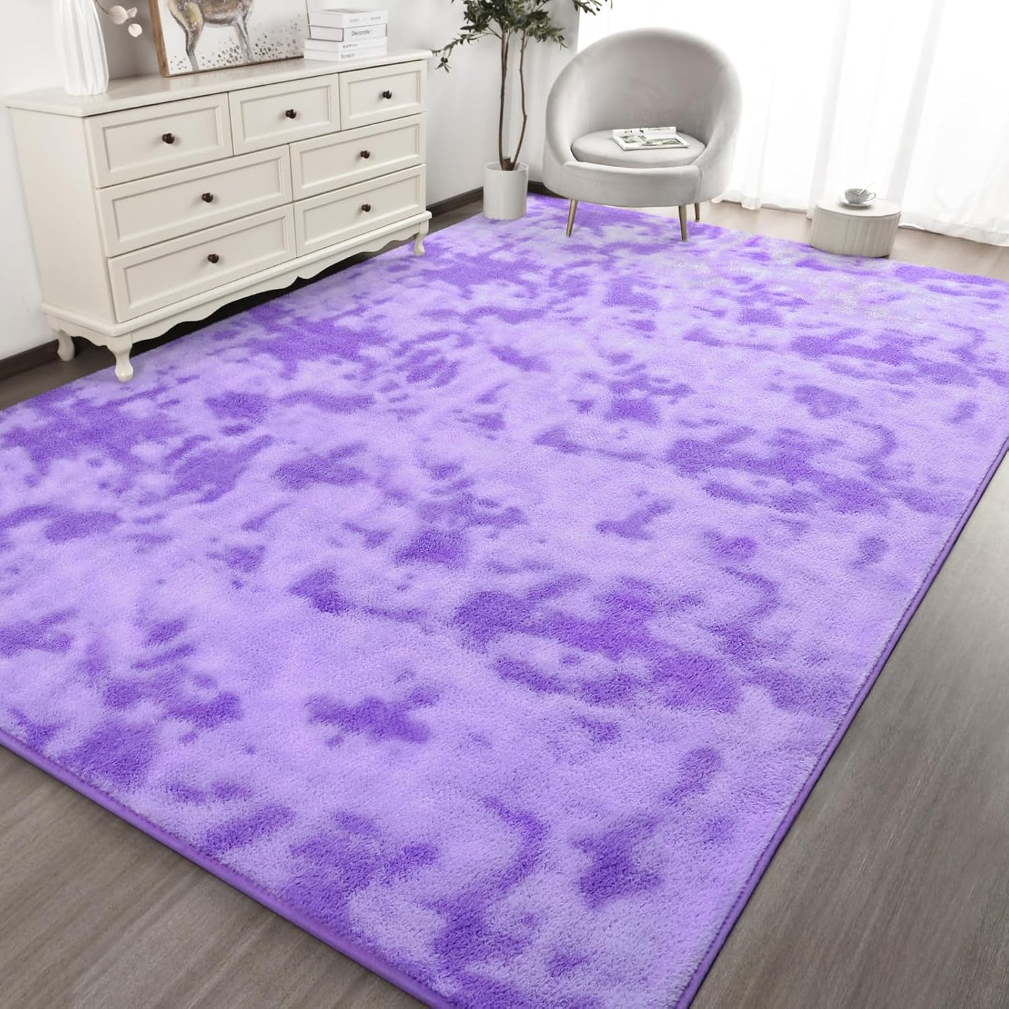 Kimicole 5x8 Washable Area Rugs for Bedroom Living Room, Low Pile Ulta-Thin Solid Color Rug, Non-Slip Soft Fluffy Carpet for Nursery Kids Room Dorm Room Home Decor (Purple)
