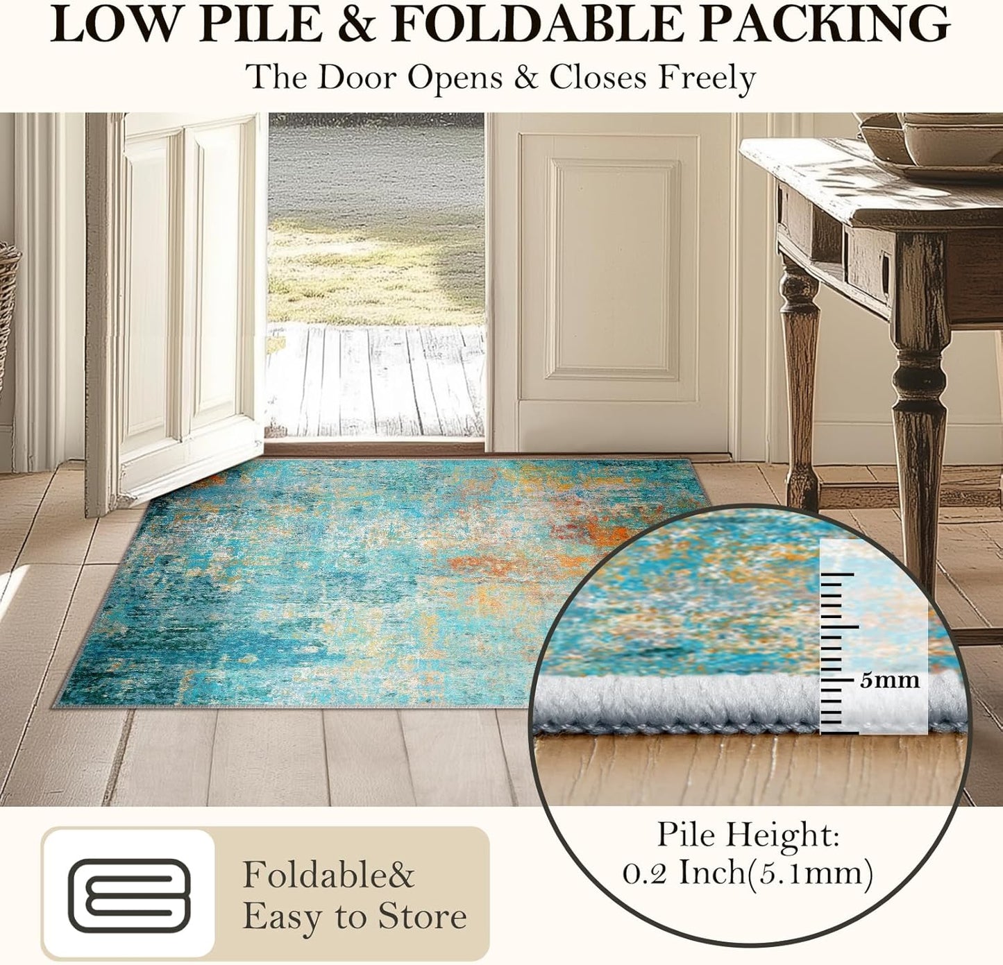 Washable Area Rugs 5'x7' Non-Slip Modern Abstract Soft for Living Room Entryway Bedroom Nursery, Print Pattern, Teal Blue Green Orange Rust Red Colorful