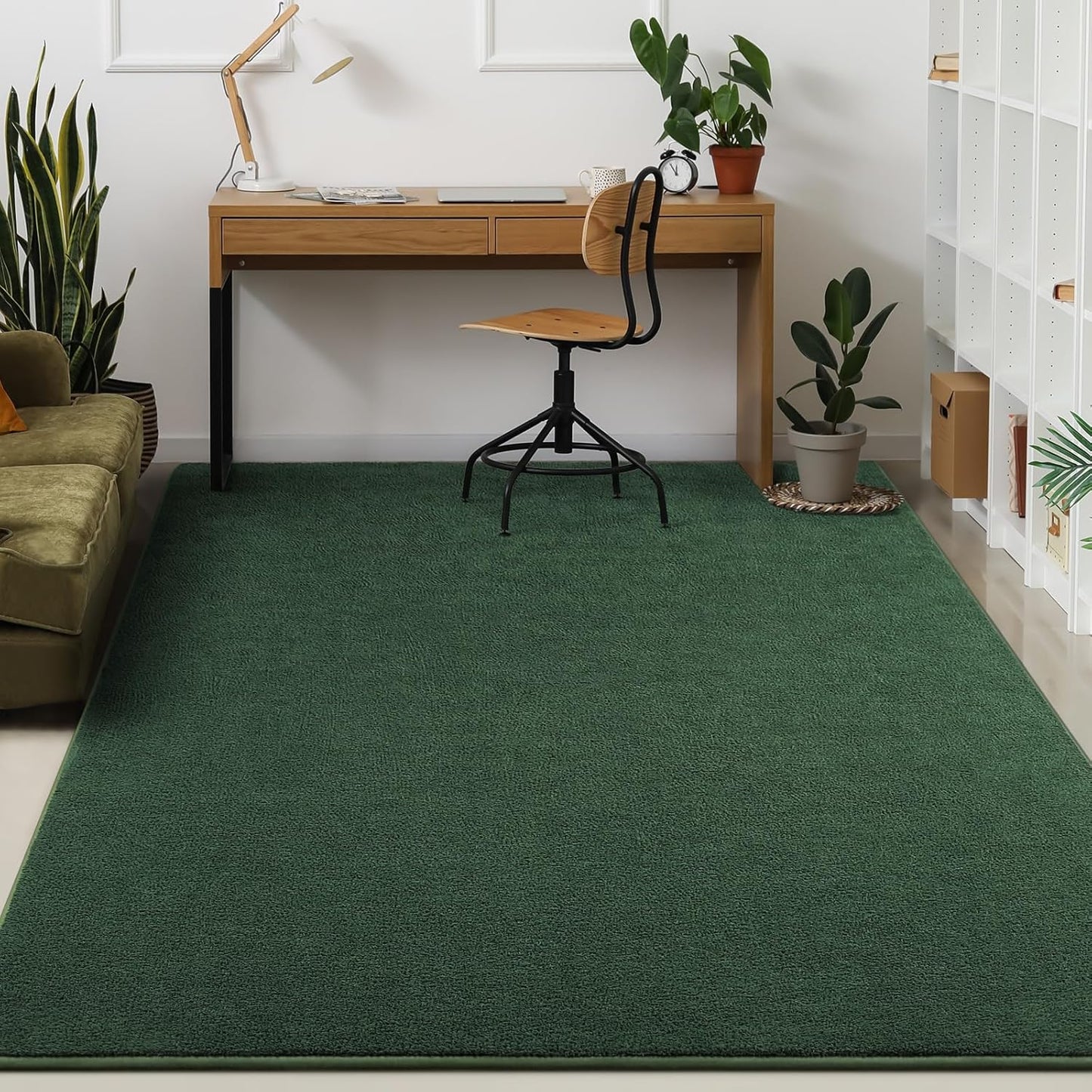 Kimicole 6x9 Washable Area Rugs for Living Room Bedroom, Large Low Pile Ulta-Thin Solid Color Rug, Non-Slip Soft Fluffy Carpet for Nursery Kids Room Dorm Room Home Decor (Dark Green)