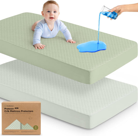 Waterproof Crib Mattress Protector Cover Fitted - 2-Pack Quiet Baby Crib Mattress Pad Sheets, 52" x 28" Soft Quilted Cotton Baby Sheet, Machine Washable, Easy Fit, Durable (Soft Fern/Quin)