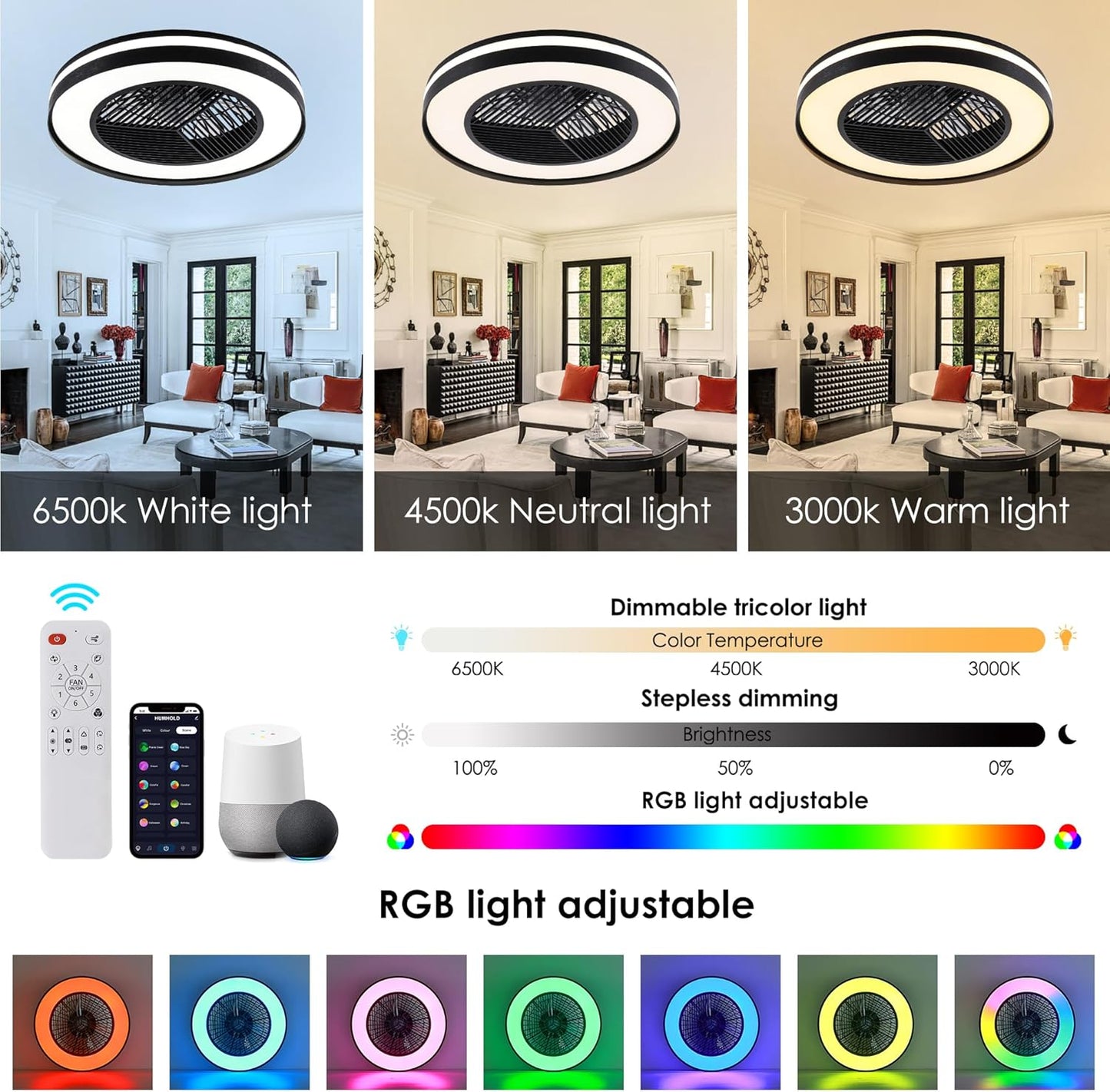Smart Low Profle Ceiling Fans with RGB Lights Remote/APP/Voice Control, 20" Bladeless Ceiling Fans with 6 Speeds, Timer, Quiet DC Motor, Ceiling Fan with Light for Kids Bedroom/Living Room
