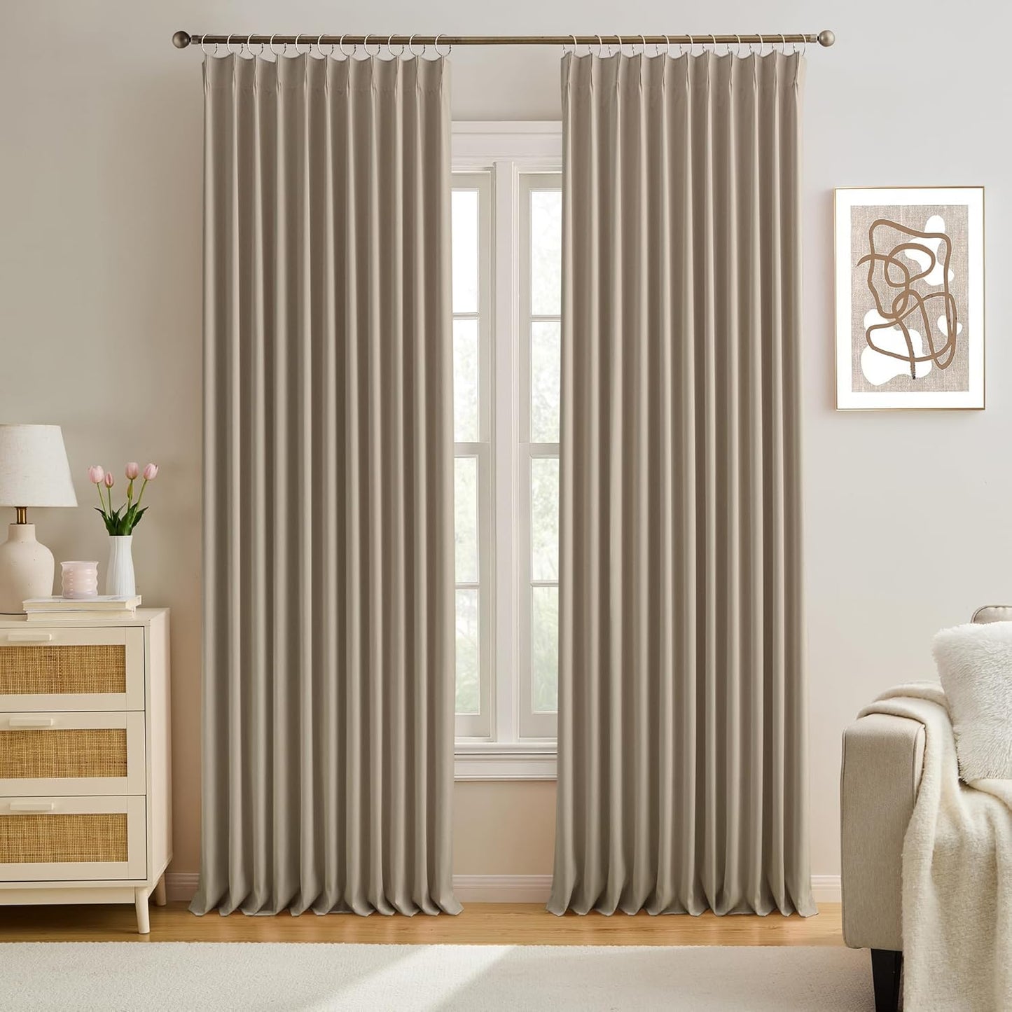 KEQIAOSUOCAI Pleated Blackout Curtain Drapes for Window 90" L - Triple Weave Energy Saving Solid Pinch Pleat Hook Thermal Room Divider Blackout Panels for Patio (72" Wide per Panel, 2 Panels, Khaki)