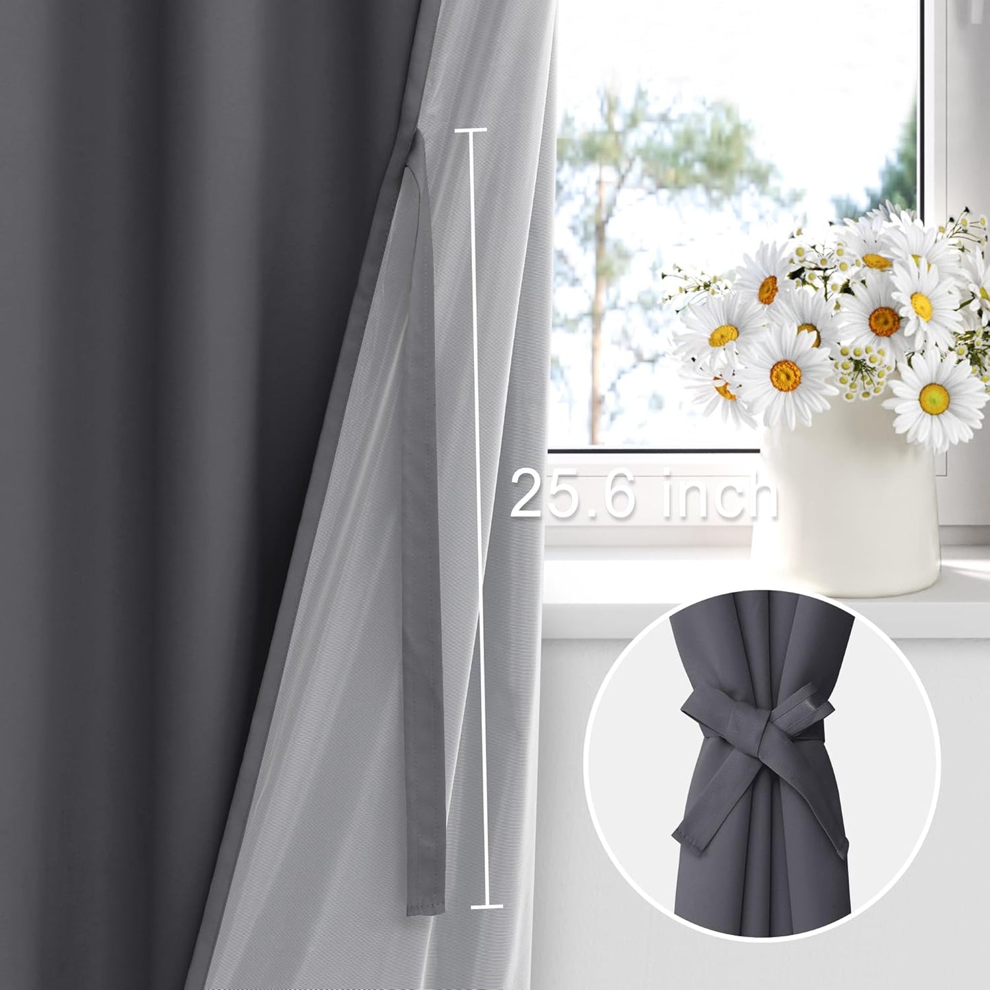 XWZO 100% Blackout Curtain Panels - Rod Pocket Thermal Insulated Black Liner, Noise Reducing and Heat Blocking Drapes for Hall and Studio Windows with Tiebacks, Dark Grey, W60 x L84, Set of 2