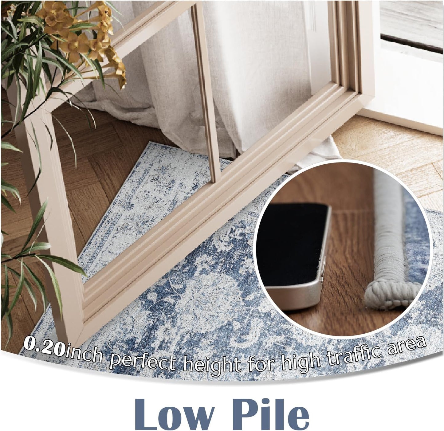 jinchan Washable Area Rug 8x10 for Living Room Soft Faux Wool Ultra-Thin Stain Resistant Non-Slip Distressed Vintage Floral Large Carpet for Bedroom,Dining Room,Home Office,Nursery(Dark Blue, 8'x10')