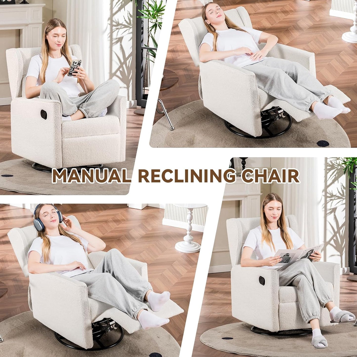 COMHOMA Nursery Rocking Chair Teddy Upholstered Swivel Rocker Recliner Manual Glider Reclining Chair for Living Room Bedroom Offices (Beige, 1 PCS)