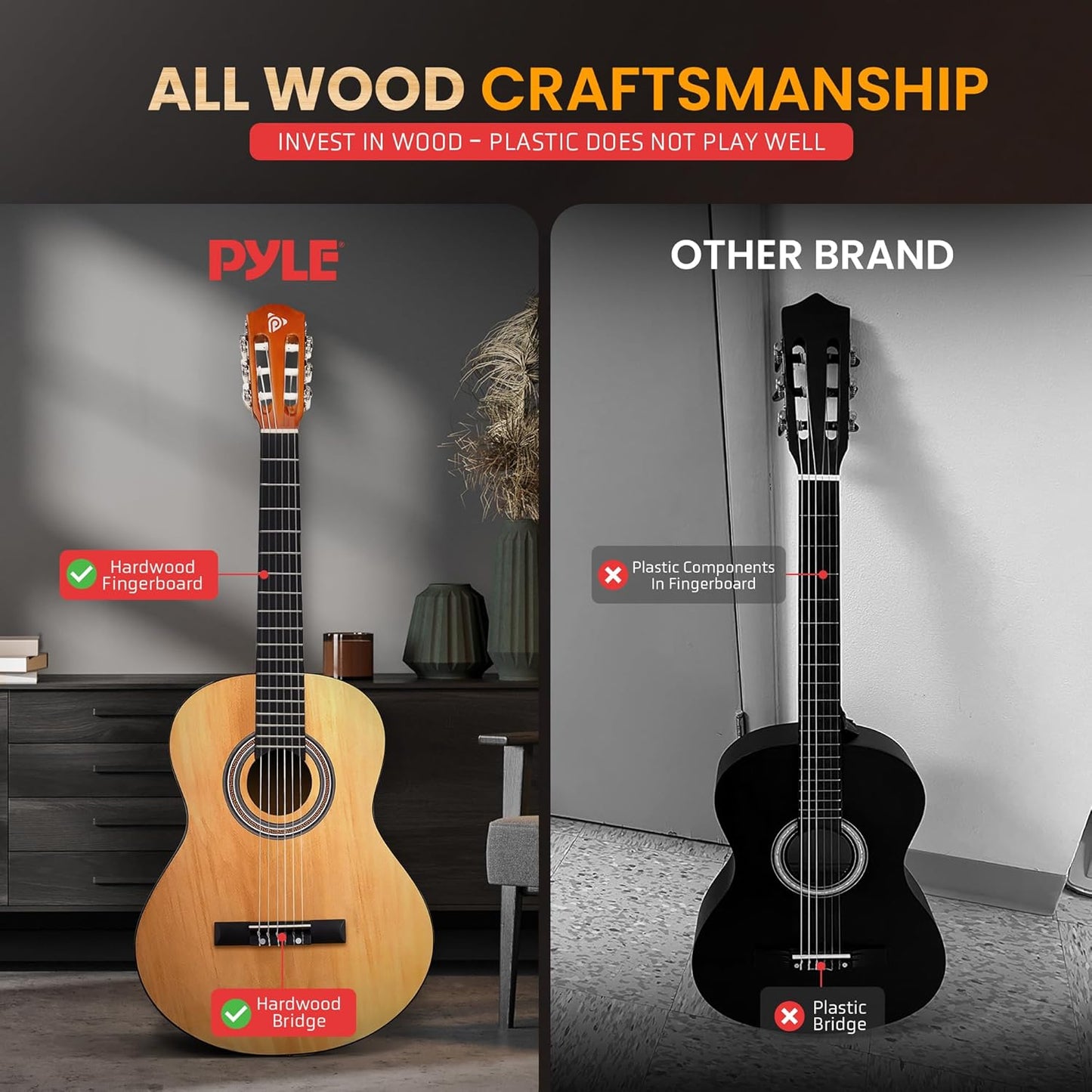 Pyle 6 String Acoustic Guitar, 10 Natural, Left Handed, 36" (PGACLS82LFT.9)