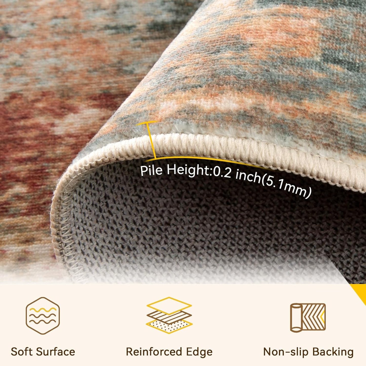 Washable Area Rugs 3'x5' Non-Slip Modern Abstract Soft for Living Room Entryway Bedroom Nursery, Print Pattern, Brown Rust Red Multi