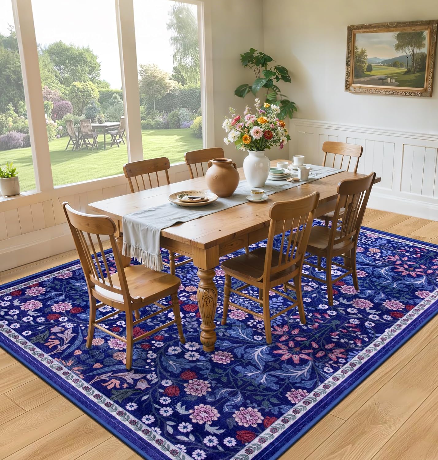 Area Rugs 9x12 Living Room: Floral Washable Rug Vintage Large Soft Boho Non-Slip Carpet Indoor Floor Stain Resistant Low Pile Carpets for Bedroom Dining Room Farmhouse Nursery Home Office Blue