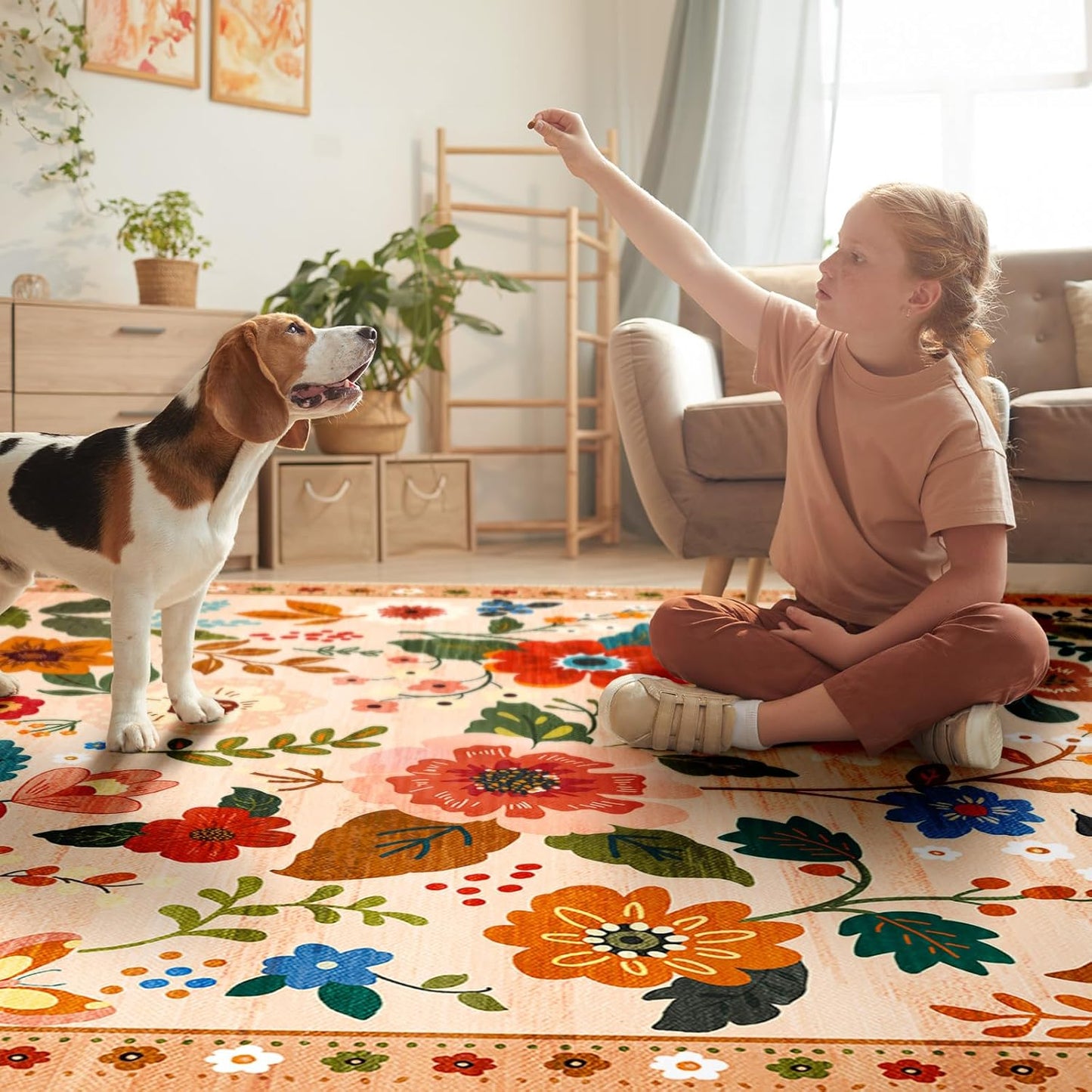 Floral 9x12 Area Rug Machine Washable Soft Print Boho Carpet Non Slip Doormat Low Pile Flower Area Rugs for Living Room Bedroom Nursery Kitchen Dining Room Indoor-Light Orange
