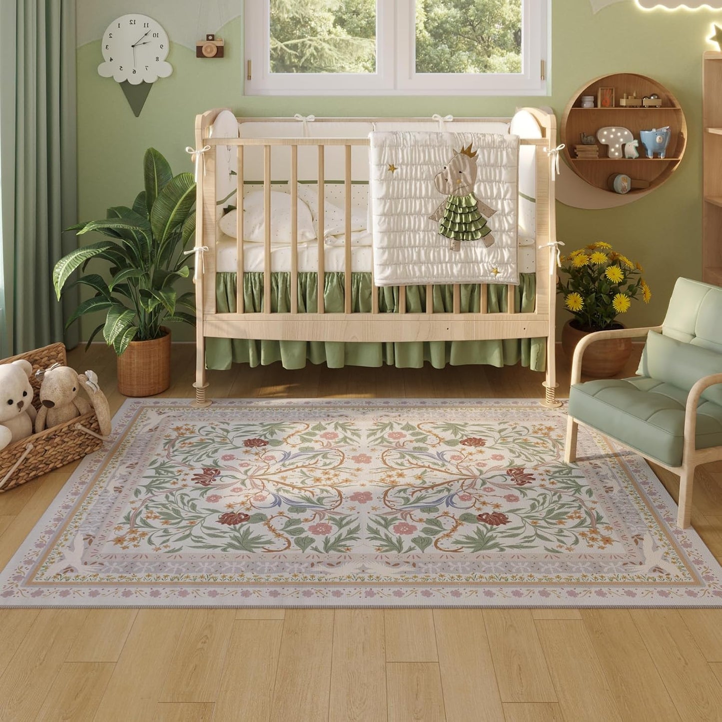 Area Rug 4x6 Rug Washable Vintage Floral Botanical Rugs Non Slip Low Pile Small Carpet for Bedroom, Bedside, Kids Room, Office, Dining Room, Beige