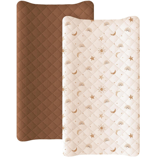 Konssy Waterproof Muslin Changing Pad Cover 2 Pack, Quilted Cotton Fitted Diaper Changing Table Cover, Soft Changing Pad Sheets for Girls Boys (Sunbeam Yellow,Coffice)