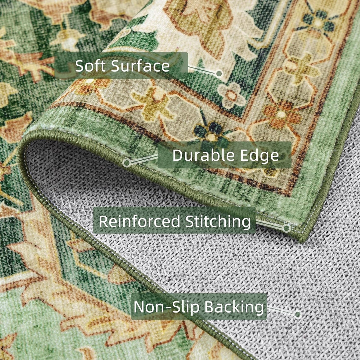 Deerly Green Rug 3x5 Area Rug with Non-Slip Backing, Washable Rugs for Bedroom Living Room Kitchen, Distressed Carpet Printed Low-Pile Soft Dorm Rug Room Decor(Border Green)