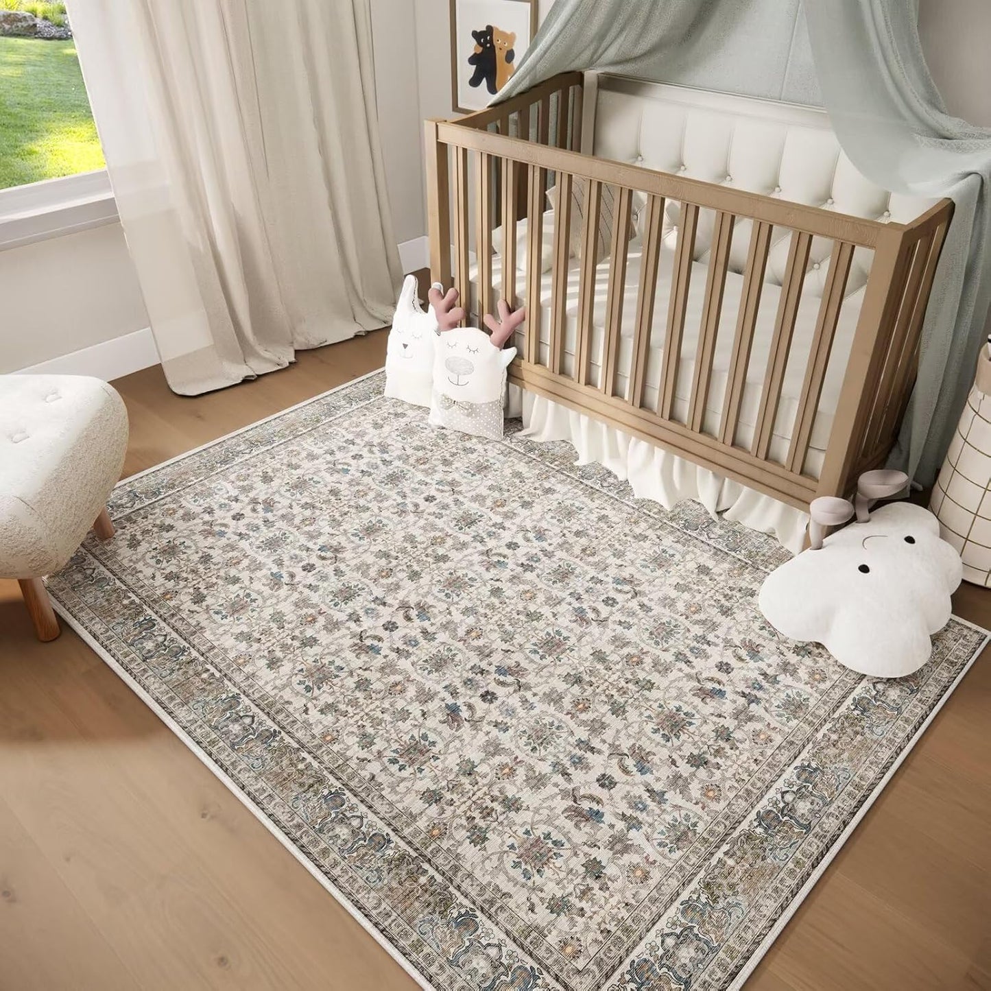Washable 4x6 Rugs for Living Room, Boho Non-Slip Silicone Backing Small Rugs for Bedroom Nursery Office, 0.3" Neutral Oriental Throw Carpet with 0.16" Cushioning Pad, Cream/Multi