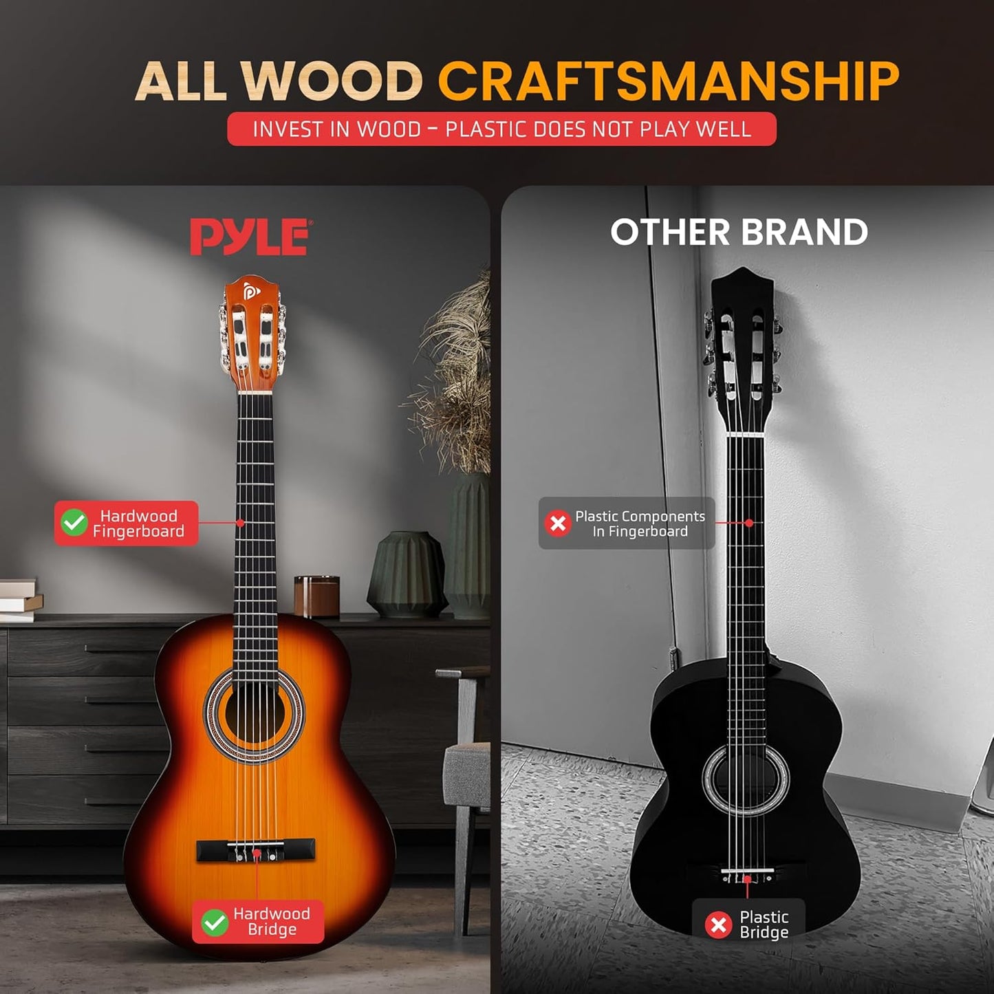 Pyle Beginner Acoustic Guitar Kit, 3/4 Junior Size All Wood Instrument for Kids, Adults, 36" Sun Burst, Gloss