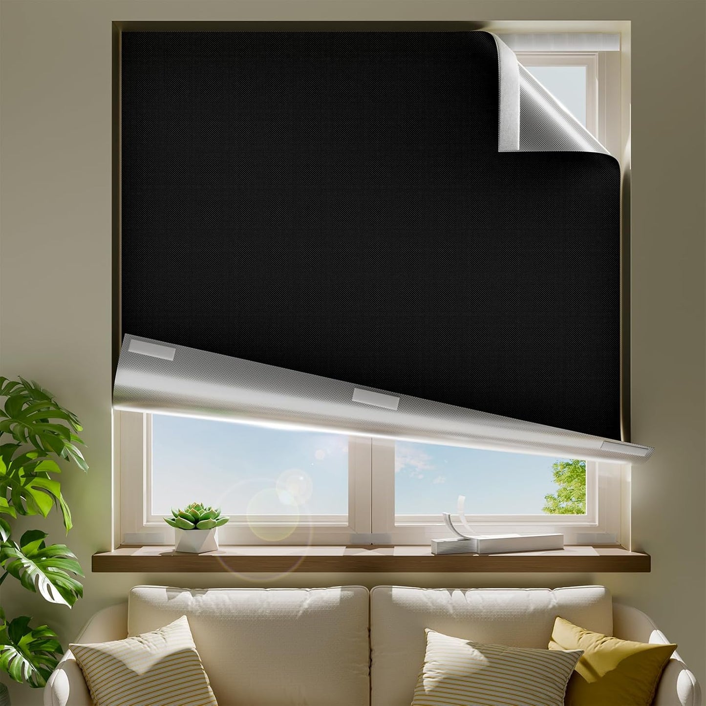 44" W x 36" L 100% Portable Blackout Curtains, Total Darkness No-Drill Black Out Window Cover,Temporary Blackout Shades with Hook & Loop Tape, for Bedroom, Nursery, Dorm, Travel (Black)