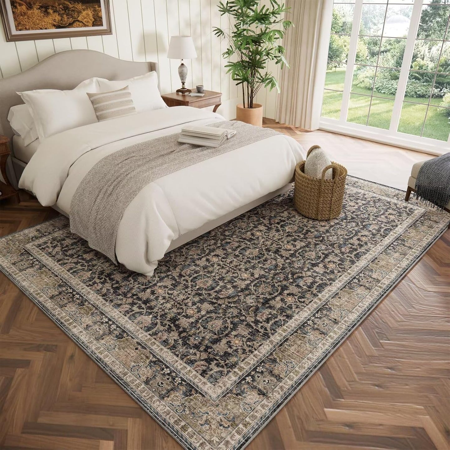 Washable 6x9 Area Rugs for Living Room, Boho Non-Slip Silicone Backing Large Rugs for Bedroom Dining Room Nursery Office, 0.3" Neutral Oriental Throw Carpet with 0.16" Cushioning Pad, Black/Multi