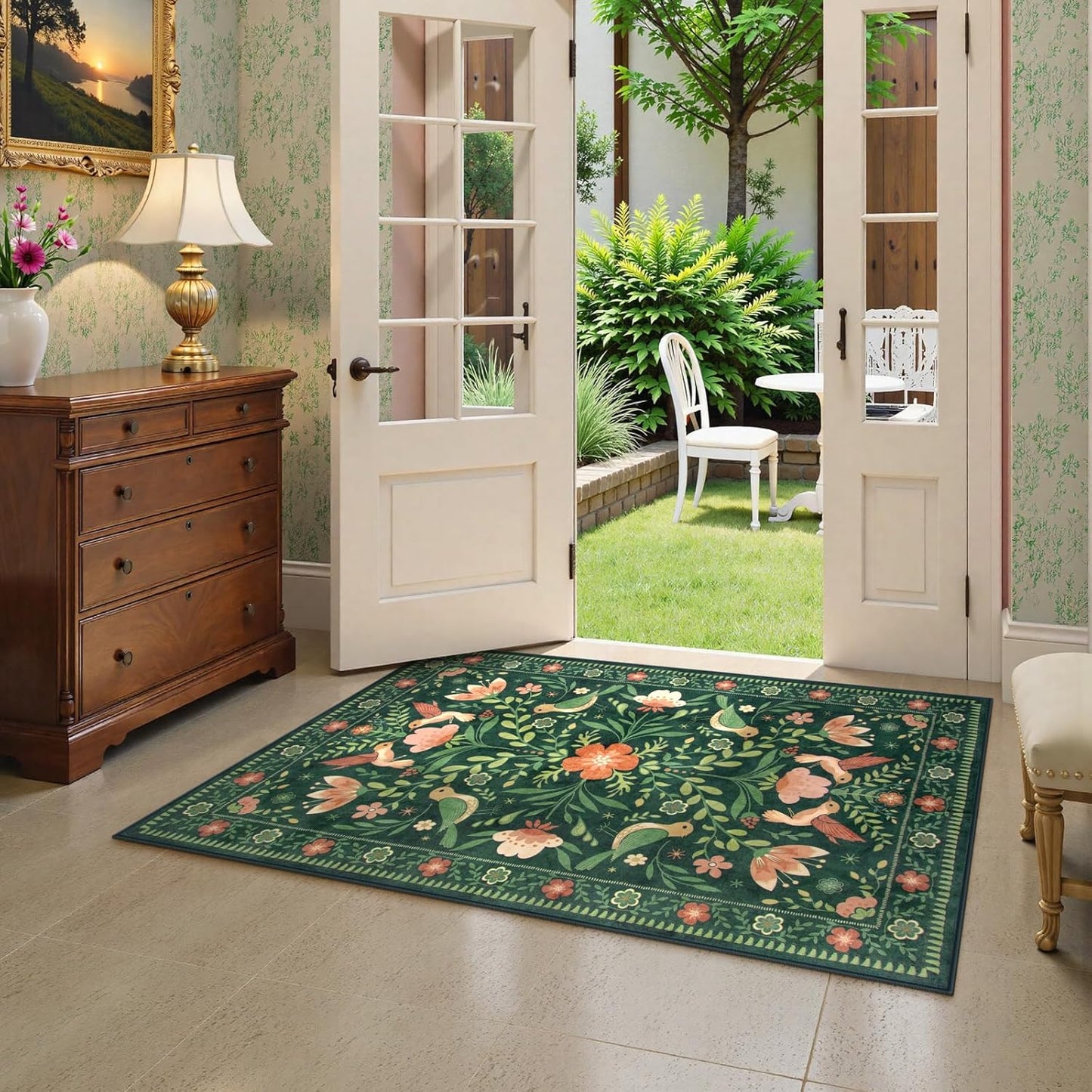 Moynesa Boho Bird Washable Rug, 3x5 Ultra-Thin Dark Green Kitchen Rugs Non-Slip, Stain Resistant, Low Pile, Indoor Small Living Room Throw Carpet for Entryway Bathroom Office Bedroom