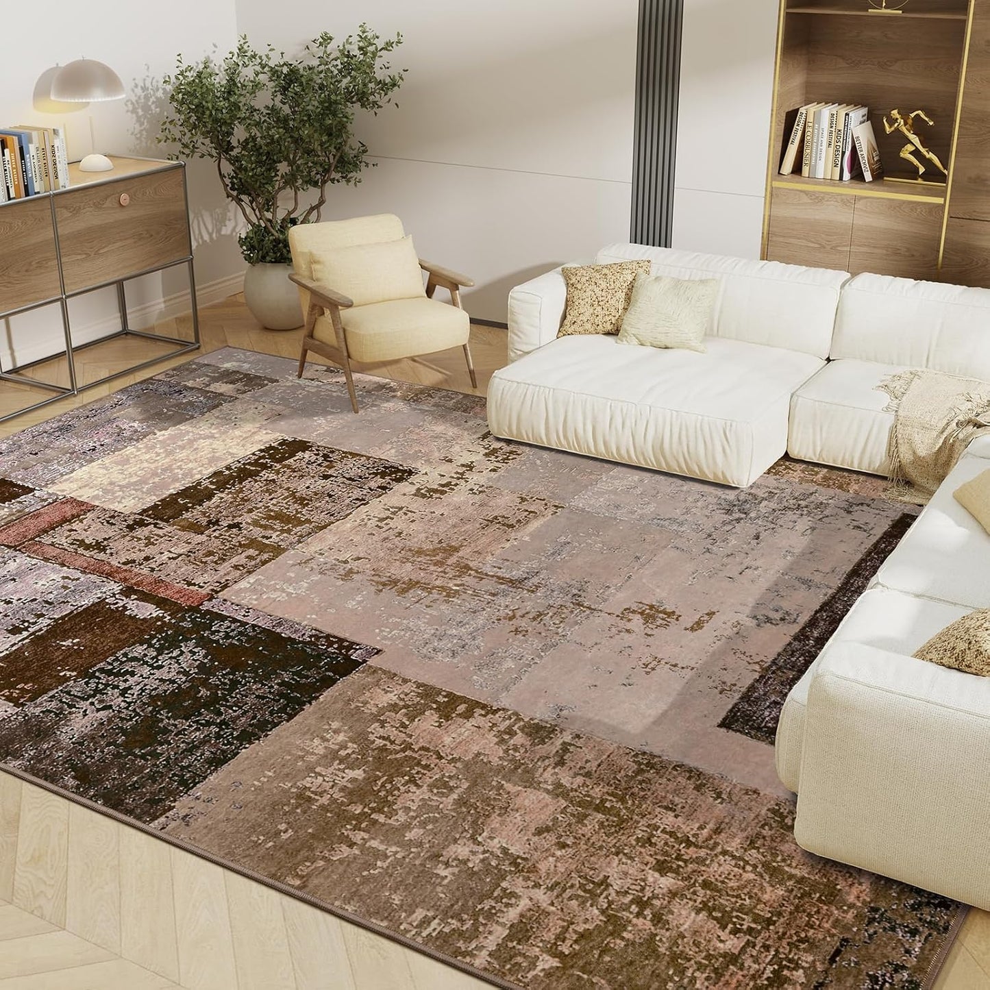 LOCHAS Rug for Living Room, Washable Soft Area Rugs for Bedroom 6x9, Abstract Carpet for Indoor Office Kids Dining Room Nursery Floor, Brown Geometric Vintage Home Decor, Non Slip, Pet Child Friendly