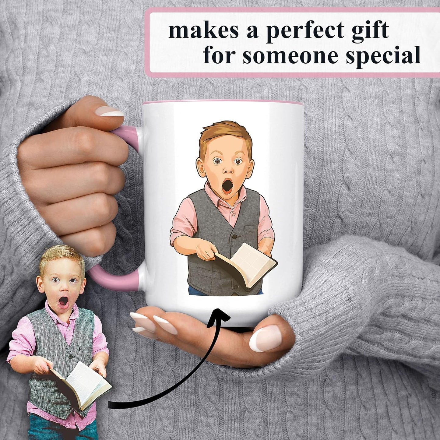 Personalized Coffee Mug, Custom Drawing Portrait Gift, Funny Customized Coffee Gift for Men & Women, Custom Mugs with Pictures, Pink 15oz Customized Ceramic Tea Cup