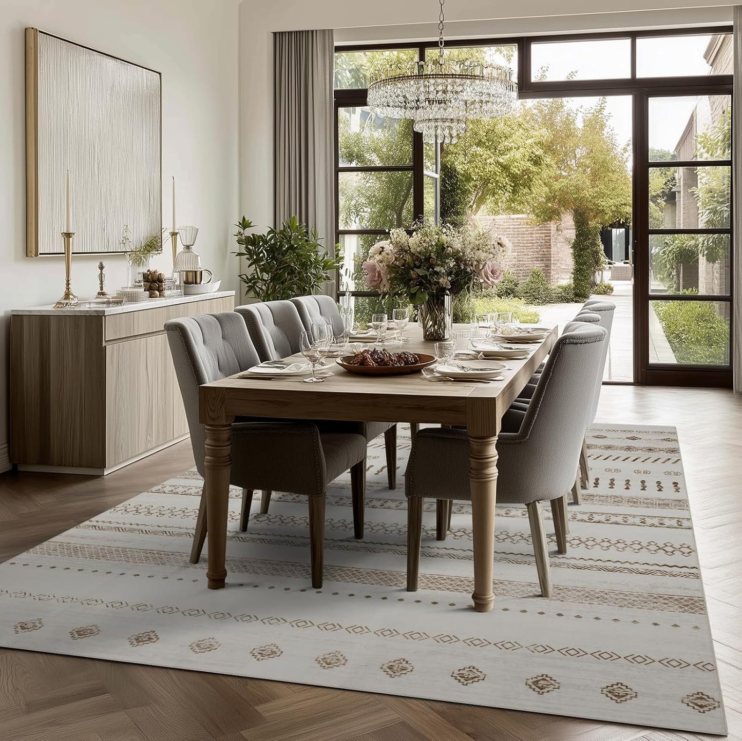 Washable 6x9 Area Rug for Living Room, Boho Carpet for Bedroom Dining Room, Non Slip&Non-Shedding Resistant Low Pile Vintage Print Rug for Home Office (Beige)