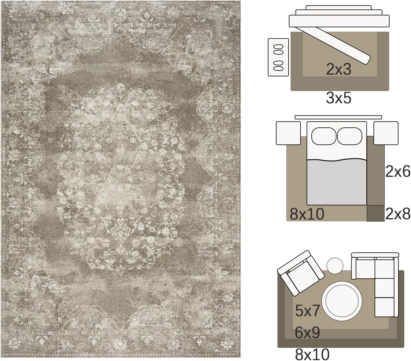 jinchan Floral 2x3 Rug for Entryway - Vintage Washable Area Rug Ultra-Thin Low Pile Soft Small Non-Slip Distressed Indoor Doormat Accent for Entrance Kitchen Bedroom Bathroom (2x3ft,Brown)