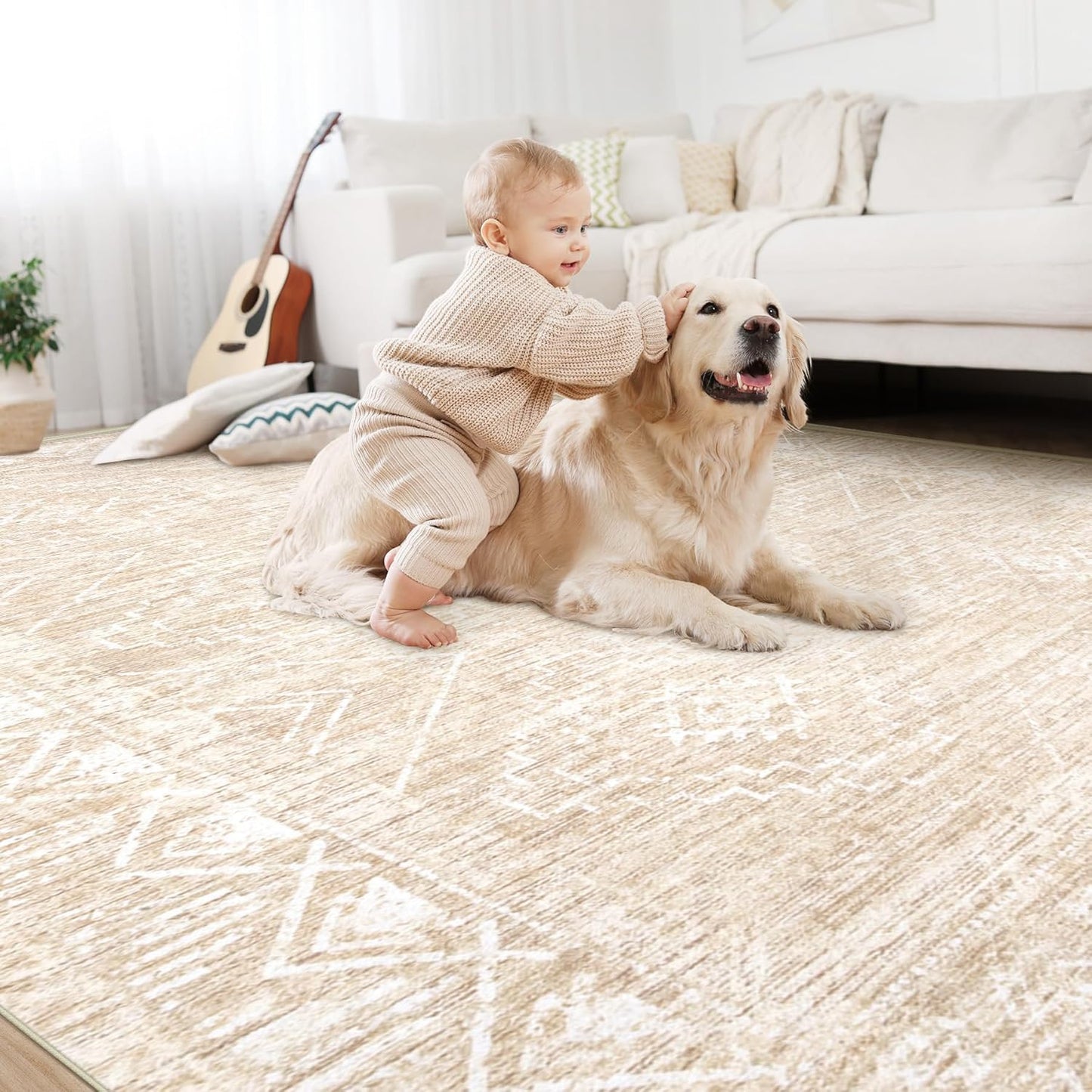 Vintage Moroccan Trellis Area Rug - 4x6 Machine Washable Boho Geometric Farmhouse Rugs Neutral Stain Resistant Non Slip Indoor Carpet for Bedroom Dining Room Nursery Home Office (4 x 6, Beige)