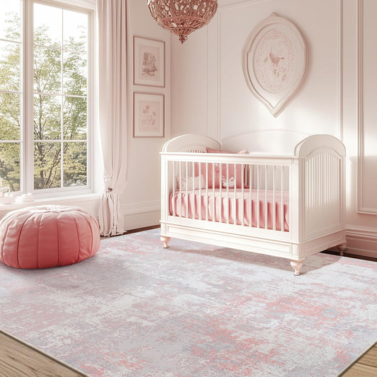 Washable Area Rugs 6'x9' Non-Slip Modern Abstract Soft for Living Room Entryway Bedroom Nursery, Print Pattern, Grey Pink