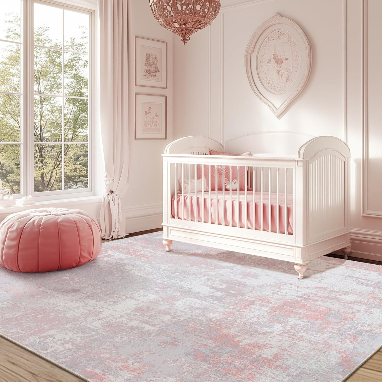 Washable Area Rugs 8'x10' Non-Slip Modern Abstract Soft for Living Room Entryway Bedroom Nursery, Print Pattern, Grey Pink
