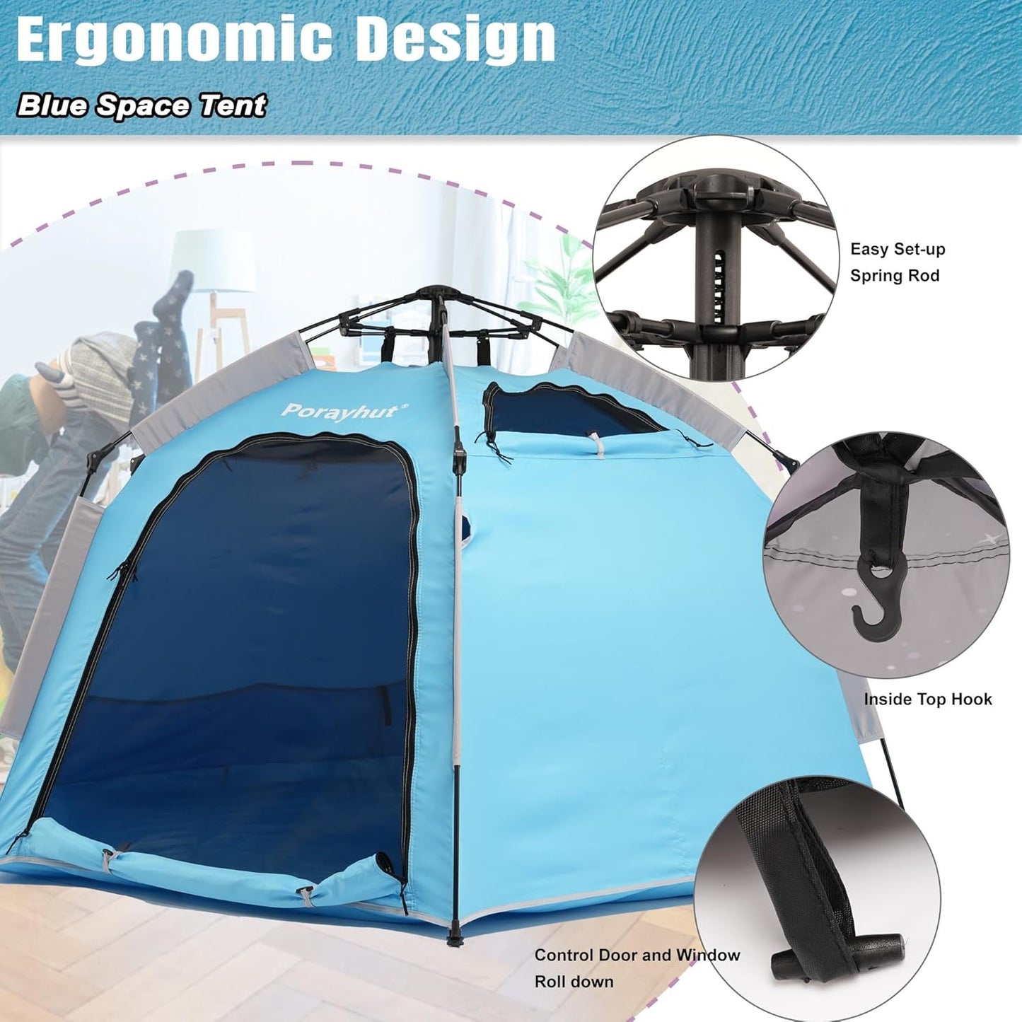 Portable Hexagon Kids Play Tent with LED Strip Lights Indoor Children Play House Easy Set-up Space Tent Dream Tent for Night.4-5 Person Birthday Gifts