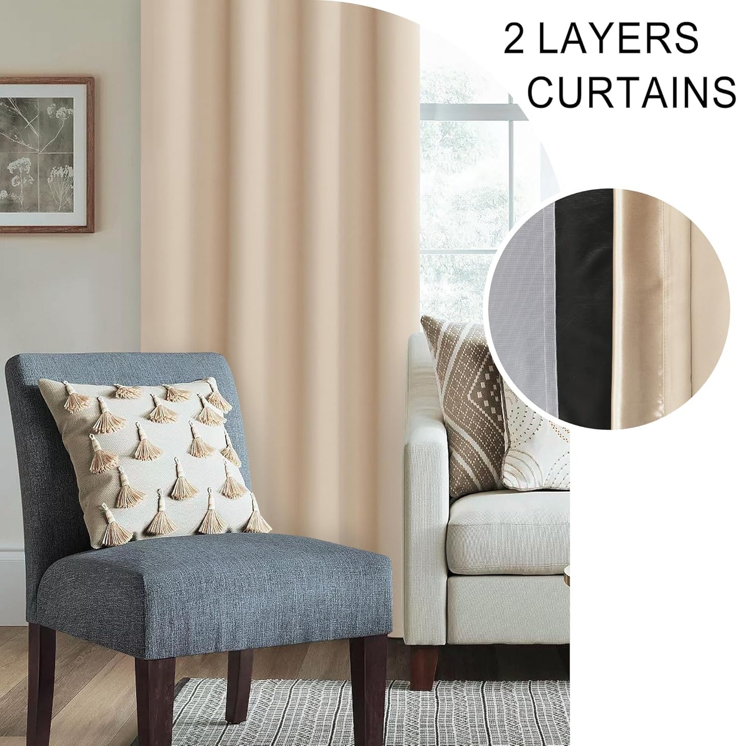 XWZO 100% Beige Blackout Window Curtains with Tiebacks- Noise Reduction and Light Blocking Rod Pocket Curtains with Black Liner for Studio, Basement Room, Biscotti Beige, W42 x L45, Set of 2 Panels
