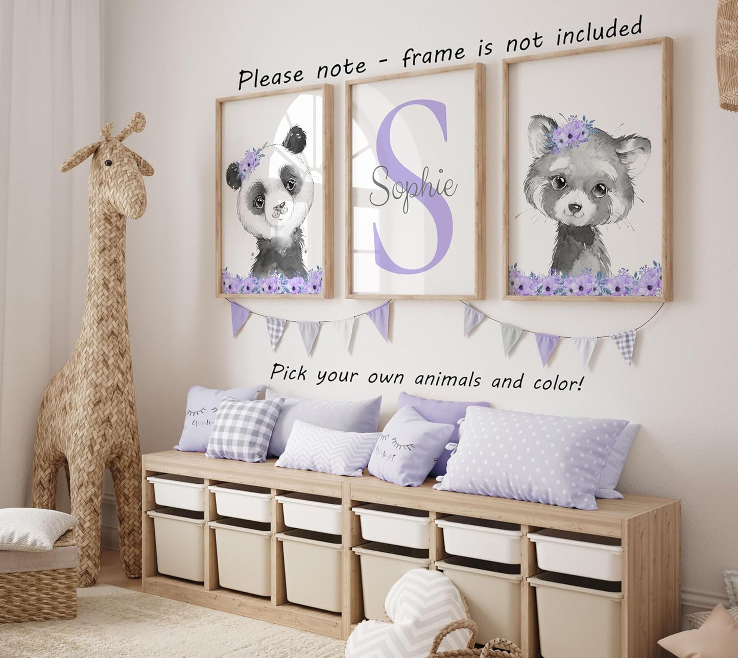 Safari Animals Girls Nursery Bedroom Unframed Set of 3 Poster Prints, Personalized Name Pink or Purple Flowers Wall Art Decor New Baby Gift Present, Elephant Giraffe Panda Zebra Lion (12x16)