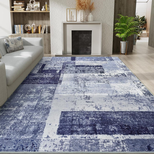 LOCHAS Rug for Living Room, Washable Soft Area Rugs for Bedroom 6x9, Abstract Carpet for Indoor Office Kids Dining Room Nursery Floor, Blue Geometric Vintage Home Decor, Non Slip, Pet Child Friendly