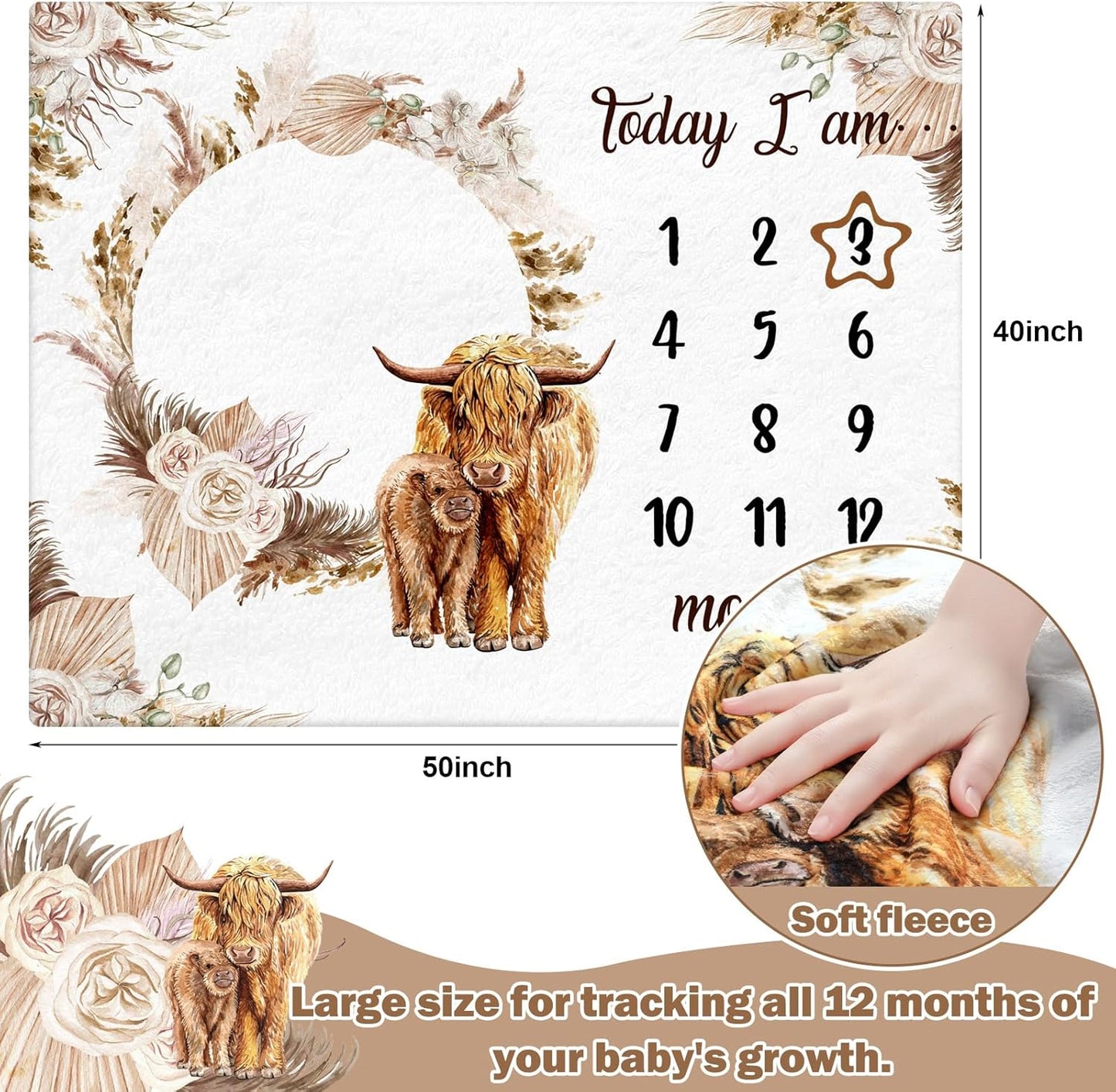 Boho Floral Baby Monthly Milestone Blanket Neutral Bohemian Photo Prop Blanket Personalized Highland Cow Baby Present Pampas Grass Ideas for Newborn Nursery Decor (Brown, Highland Cow)