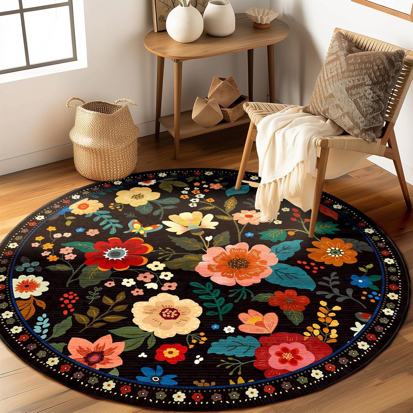 Floral 8ft Area Rug Machine Washable Soft Print Boho Carpet Non Slip Doormat Low Pile Flower Area Rugs for Living Room Bedroom Nursery Kitchen Dining Room Indoor-Black