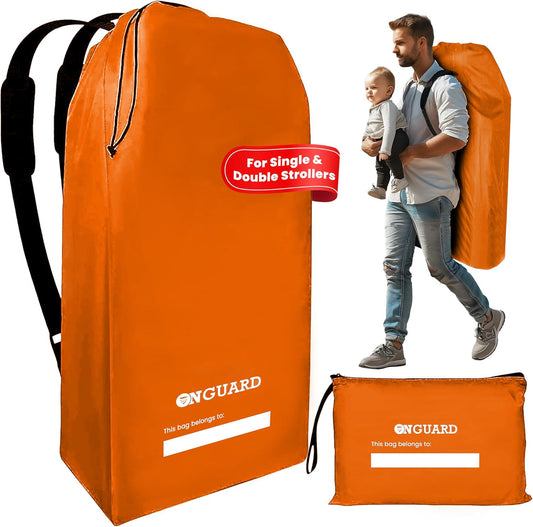 ONGUARD Waterproof Single and Double Stroller Bag for Airplane - Travel Stroller Cover for Air Travel and Storage - Gate Check Bag Backpack- Baby Airplane Essentials - Orange