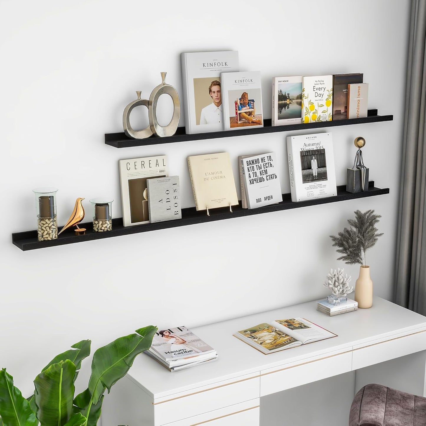 Solid Ash Wood Floating Shelves, Wood Picture Ledge Shelf Set of 2, 48 Inch Long Large Photo Ledge Shelves, Nursery Book Shelves Wall Mounted for Living Room Kids' Bedroom Decor, Black