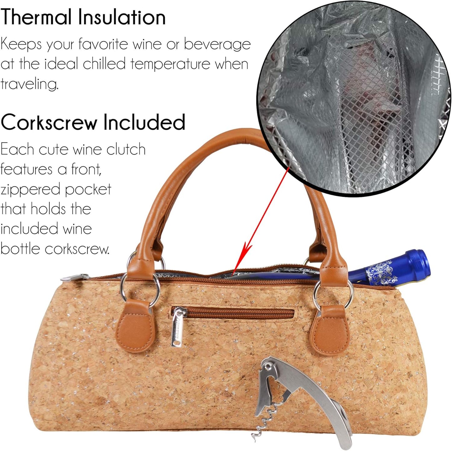 Wine Clutch Bag (Thermal Insulated) Trendy Women's Carry Tote | Holds Red & White 750mL Bottles | Trendy Fashion | Incl. Portable Waiter-Style Corkscrew