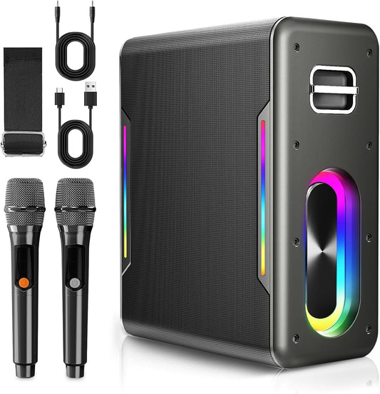 Karaoke Machine with 2 Wireless Microphones Portable Bluetooth Karaoke Machine for Adults Kids DSP Chip Karaoke Speaker with LED Lights Supports TWS TF Card USB AUX in