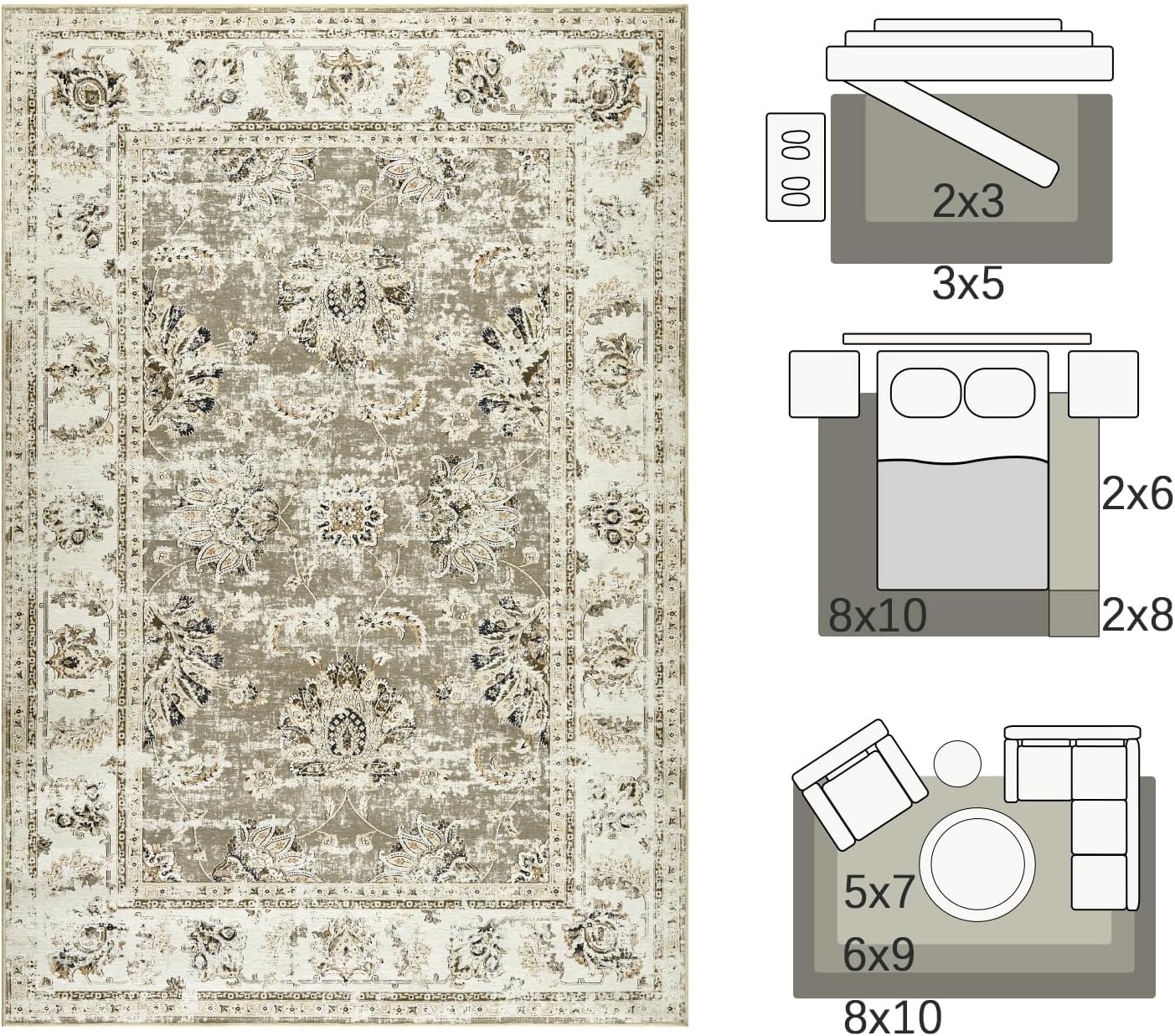 jinchan Washable Area Rug 4x6 Ultra-Thin Low Pile Non Slip Stain Resistant Soft Faux Wool Floral Rug Distressed Boho Vintage Carpet for Bedroom,Living Room,Dining Room,Kitchen,Nursery(Taupe, 4' x 6')