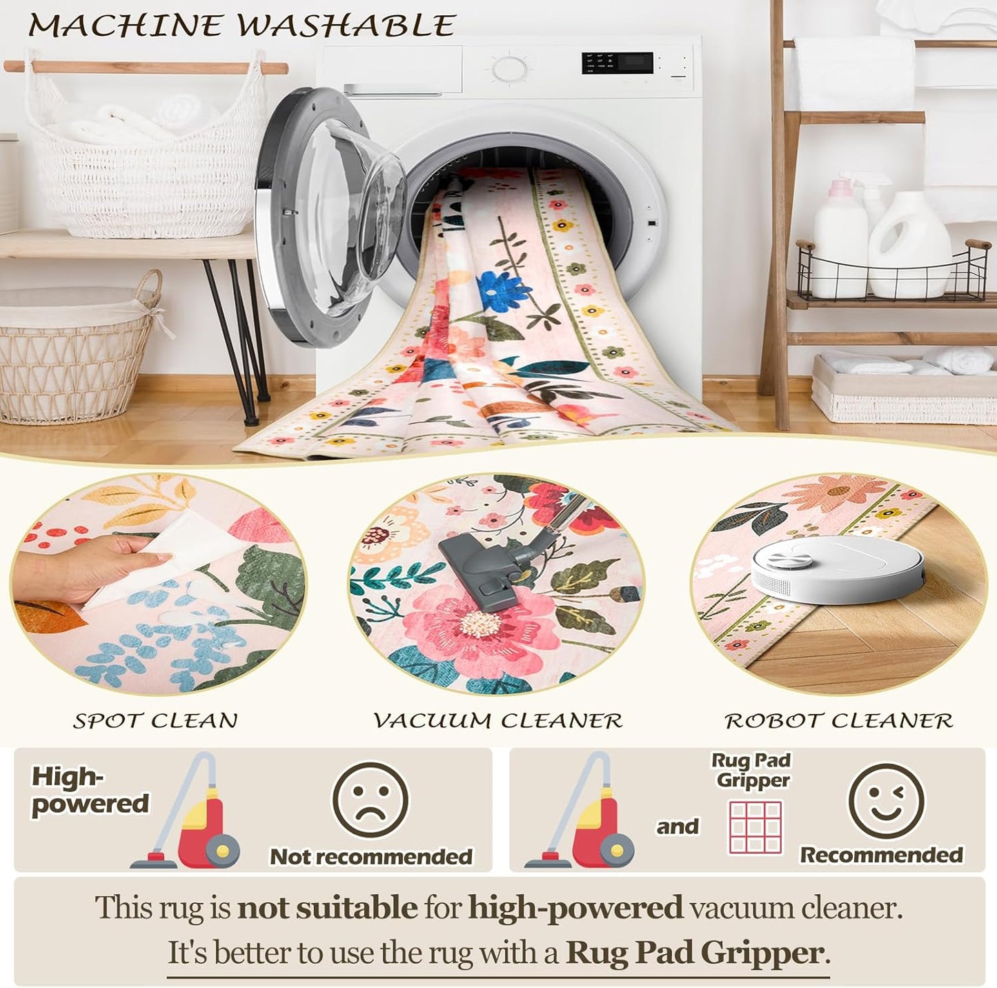 Floral 4ft Area Rug Machine Washable Soft Print Boho Carpet Non Slip Doormat Low Pile Flower Area Rugs for Living Room Bedroom Nursery Kitchen Dining Room Indoor-Pink