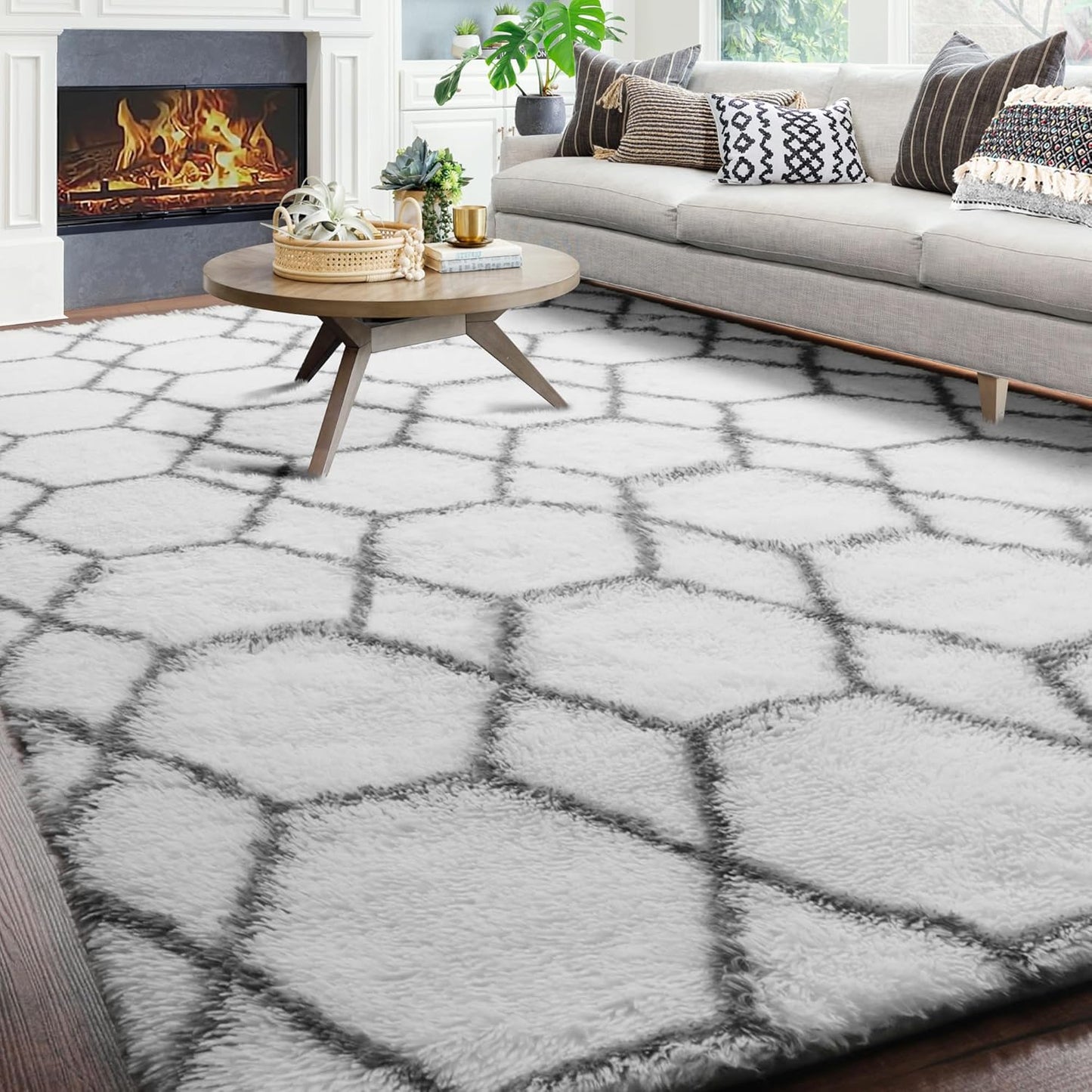ONASAR 6x9 Area Rugs for Living Room Bedroom, Washable Large Fluffy White and Grey Throw Rug, Geometric Soft Plush Shaggy Floor Carpet for Nursery Kids Girls Boys Teen Dorm Home Decor Aesthetic