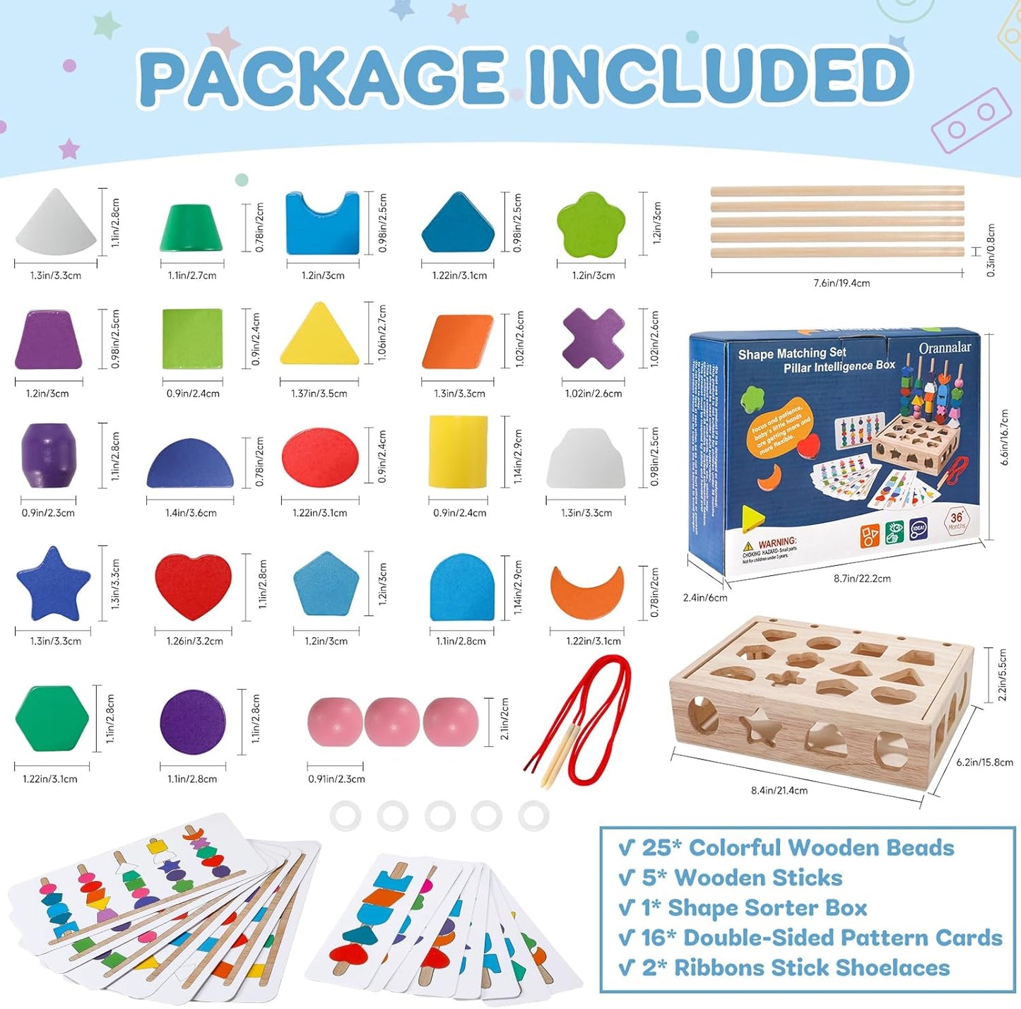 3 in 1 Montessori Wooden Beads Sequencing Toy Set - Color Sorting Stacking Geometric Shape Matching Game Beads Sequencing Toy Lacing Beads Stem Fine Motor Skills for Toddlers