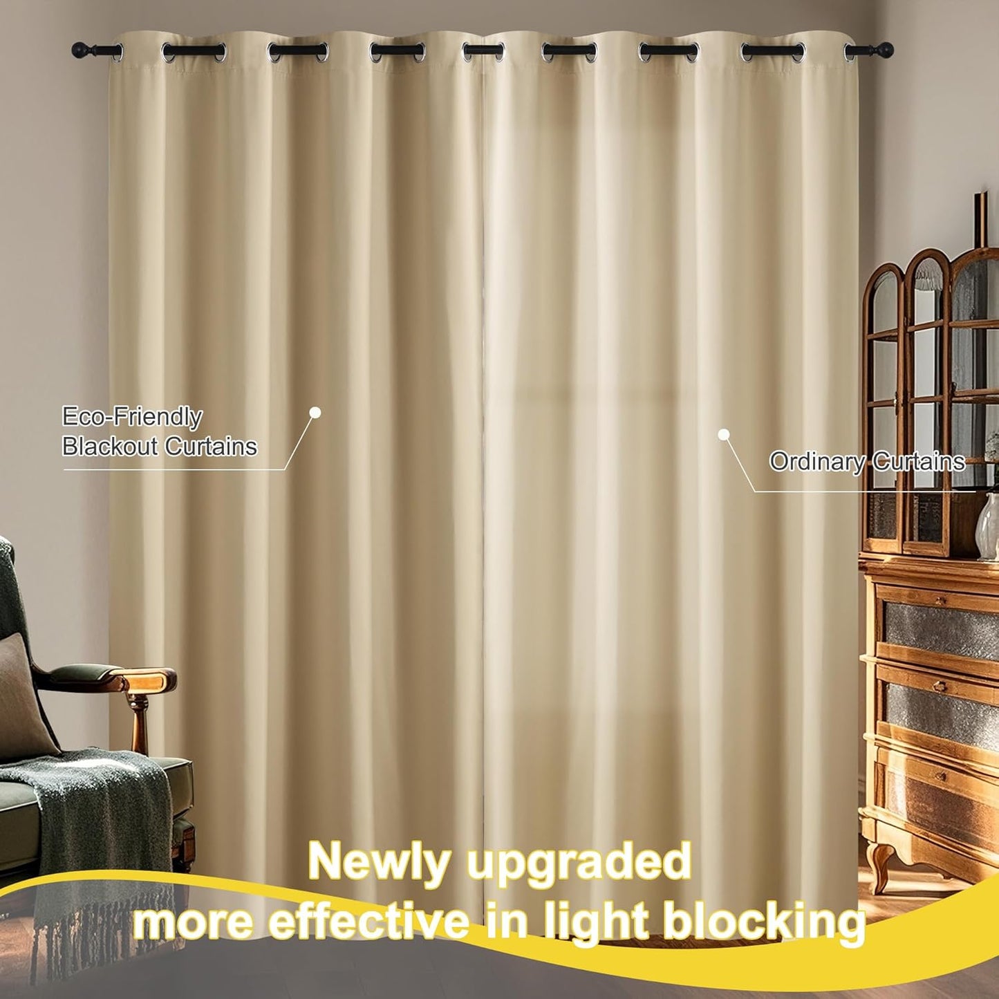 NICETOWN Farmhouse Curtains Thermal Insulated 100% Blackout Drapes Window Treatment Long Grommet Light Blocking Curtain for Living Room Bedroom, 2 Panels, 42 x 84 inch Length, Biscotti Beige