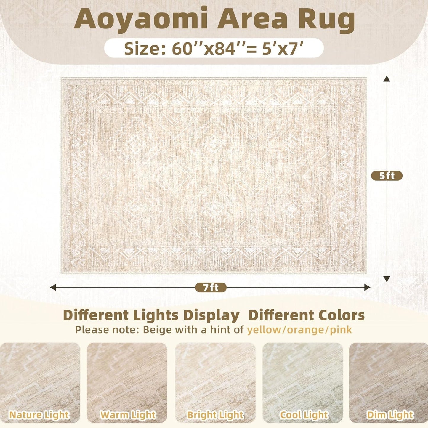 Moroccan Large Area Rug 5x7 - Soft Machine Washable Geometric Boho Distressed Farmhouse Rug Morden Stain Resistant Indoor Floor Carpet for Bedroom Dining Table Nursery Home Office (5 x 7, Beige)